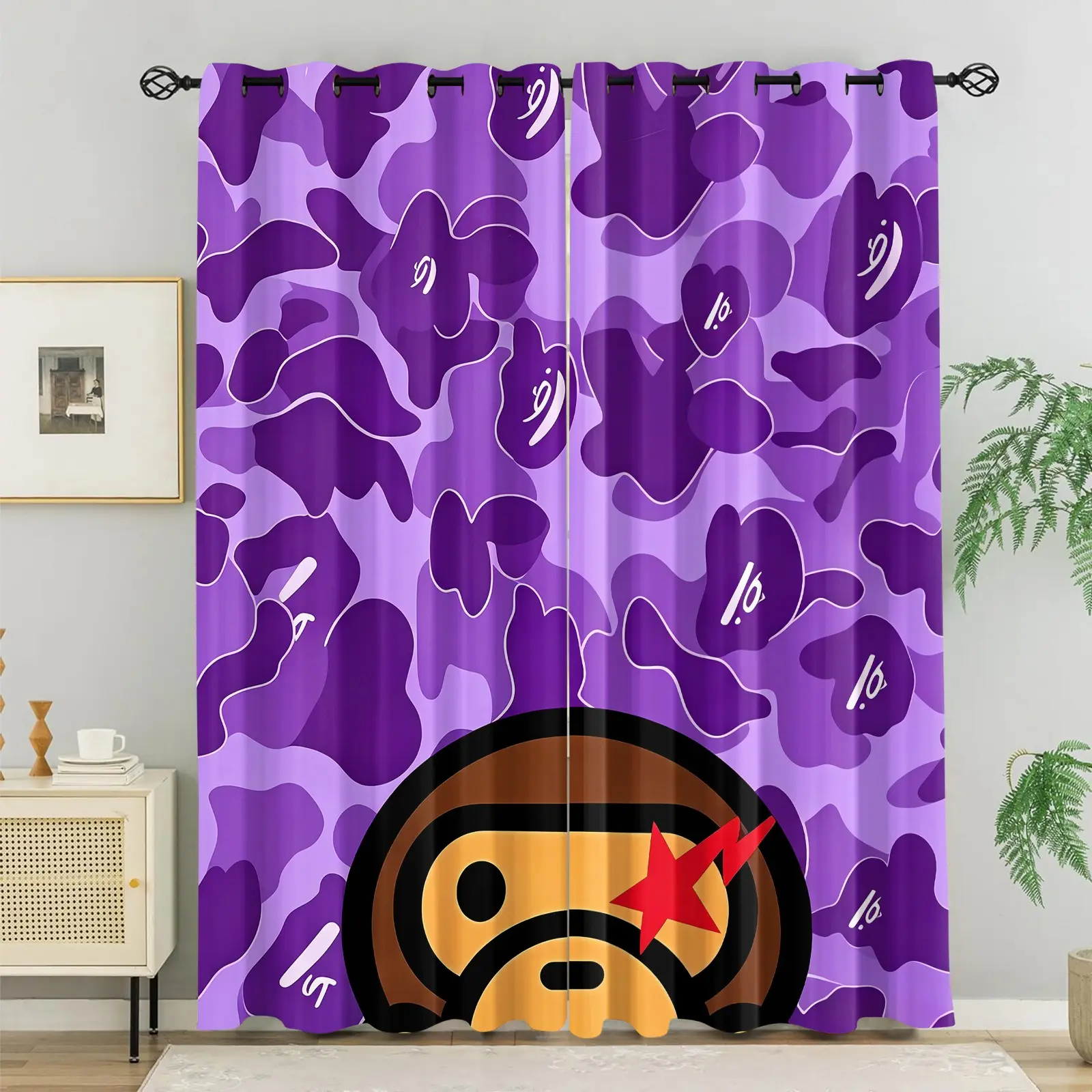 Purple Camo Cartoon Monkey Pattern Blackout Curtains, Cool Street Style Fabric Window Drapes, Thermal Insulated Soundproof Light Blocking Curtain for Bedroom Living Room, Multiple Patterns Available
