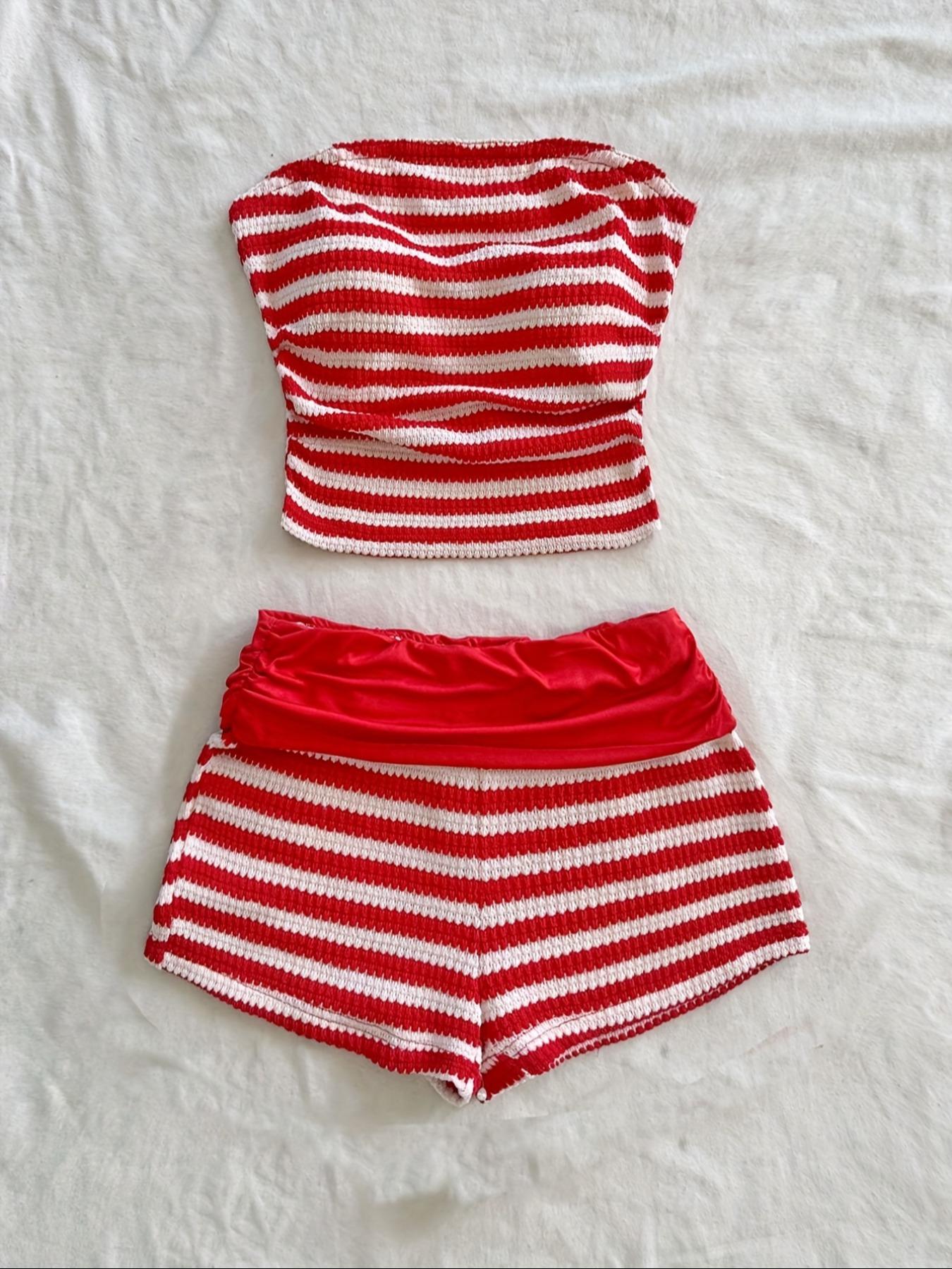 Two-piece Set Women's Striped Print Tube Top & Shorts, Casual Top & Shorts for Beach Vacation Holiday, Ladies Two-piece Outfits for All Seasons, Clothes, Womenswear, Summer Sleep Set