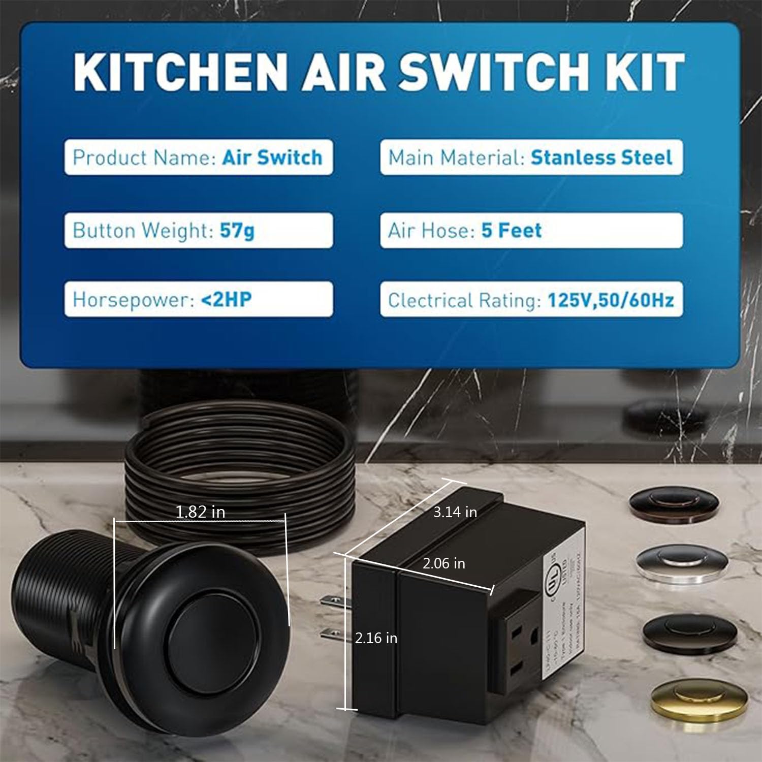 Garbage Disposal Air  Kit Sink Top  Disposal Long Stainless Steel Black /Off Air Button  and  Disposals Part, UL Listed