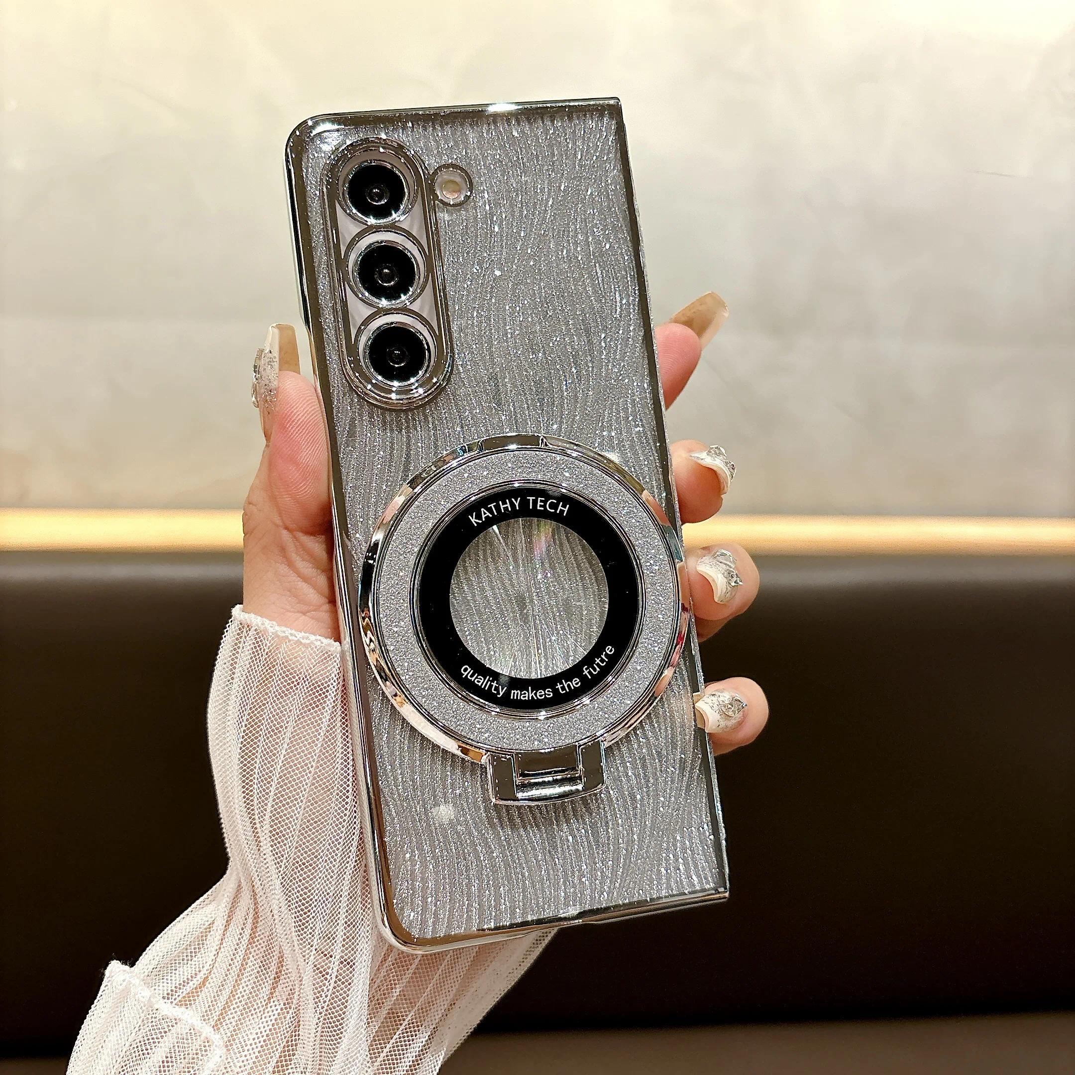 Ring Electroplate Sparkling Phone Case for Samsung Galaxy Z Fold 7 6 5 4 3 Fold6 Fold5 Fold4 Fold7 Magnetic Shockproof  Cover