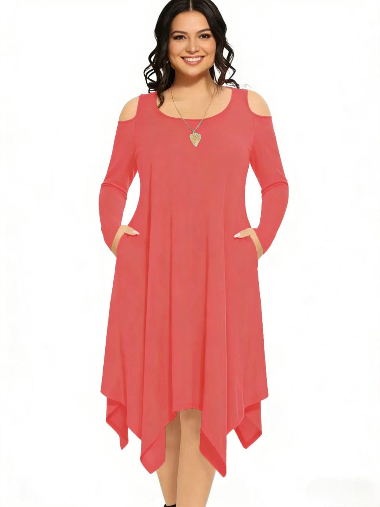 Fashion Plain Shoulder-Exposed Long Sleeve Dress, Elegant Casual Wear, Perfect for Spring & Fall, Women's Stylish Clothing