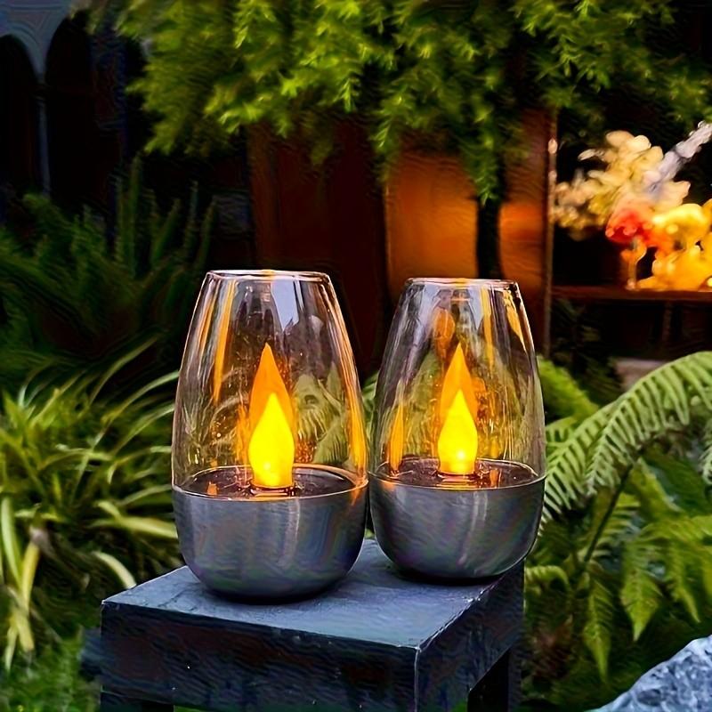 Solar Powered Flameless LED Candle Light, Decorative Outdoor Patio Lamp, Rechargeable 600mah Battery, Polished Metal Finish