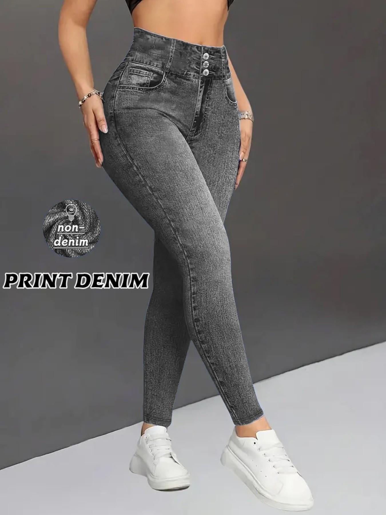 Women High-Waisted Stretch Denim-Style Pants, All-Seasons Slim-Fit Leggings, Breathable & Comfortable, Casual Sporty Style，faux denim fabric