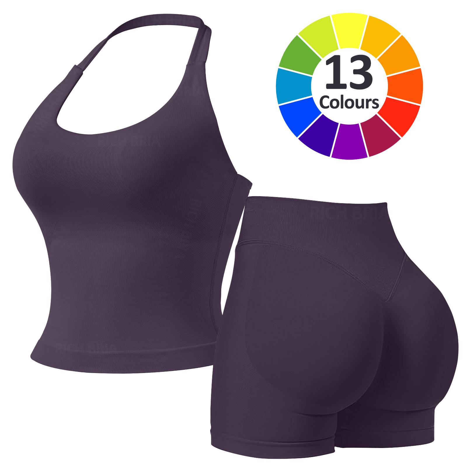 RICH BRIA Women's Solid Color Halter Top & High Waist Shorts Sports Set, Sporty Breathable Quick Drying Outfits for Yoga Gym Fitness Running, Ladies Sportswear for Summer, Workout Clothes, Workout Gym Clothing, Athletic Sports Clothing, Athleisure Wear