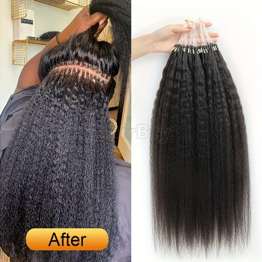 12‑24 Inch Natural Black Kinky Straight Micro Loop Ring Real Human Hair Extensions for Women, Yaki Straight Microlinks with Secure Loop Tips, Damage-Easy Application Design, Smooth Texture & Seamless Blending for Voluminous Protective Daily Hairstyle