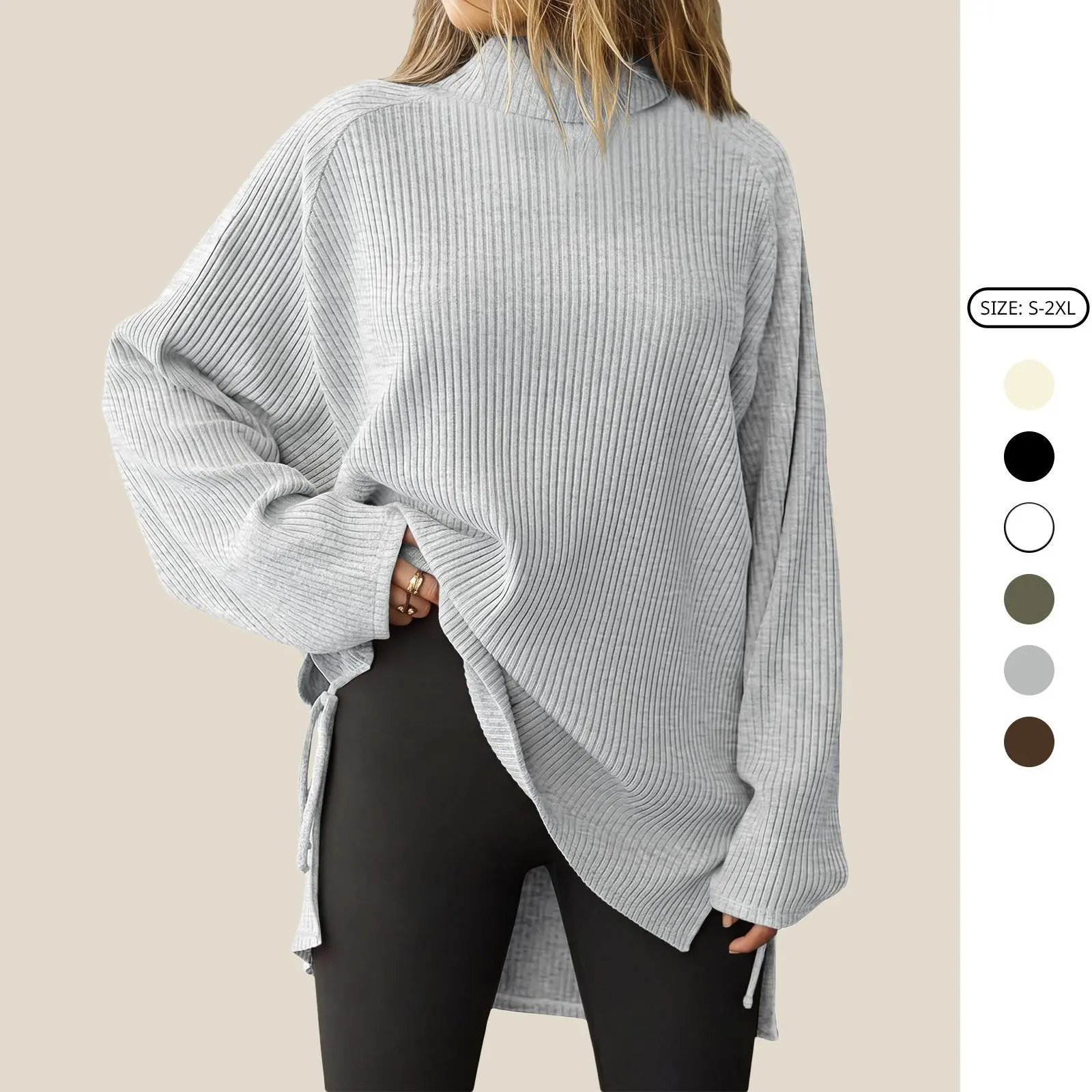 Imily Bela Women's Oversized Sweater Turtleneck Sweatshirt Long Sleeve Sweater Spilt Hem High Neck Knit Top
