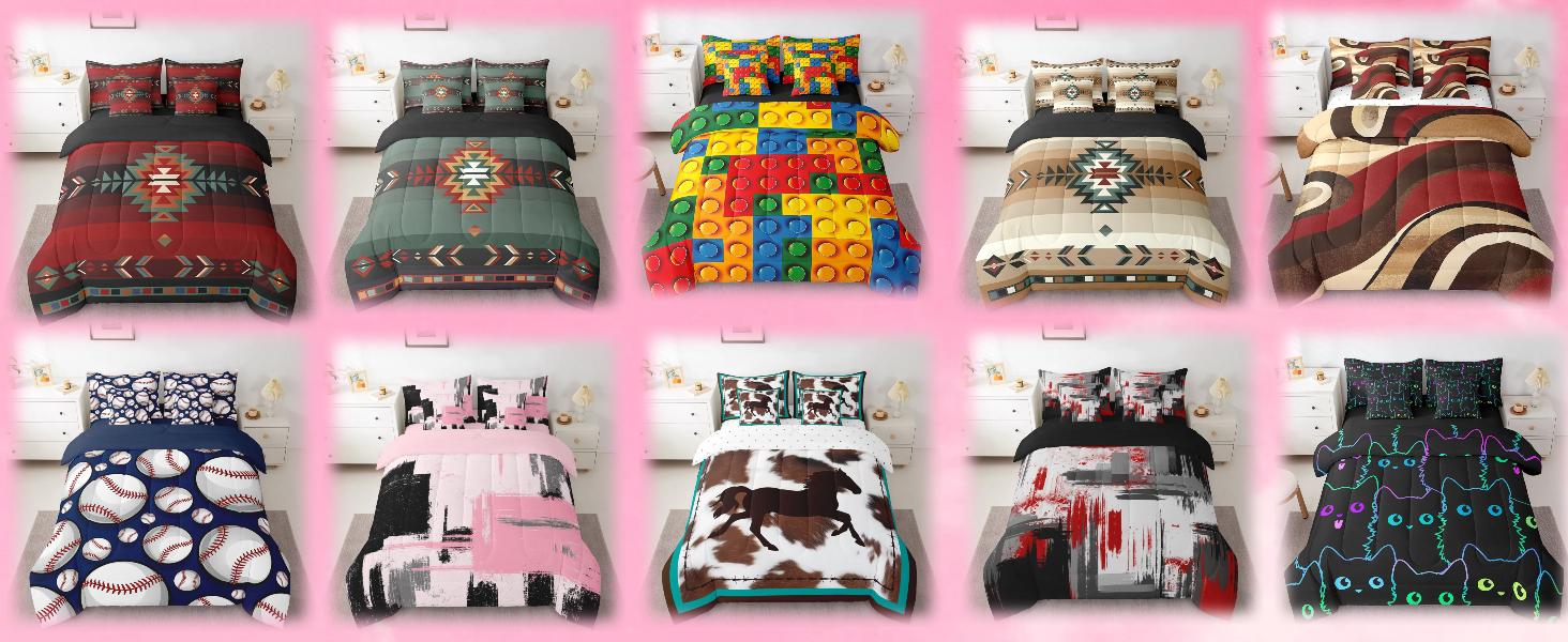 Abstract 7 Piece Multiple Sizes Bed Set Includes Comforter,Sheet Set,Modern Abstract Art  Bedding Set,Pink Black Pattern Bedding Sets