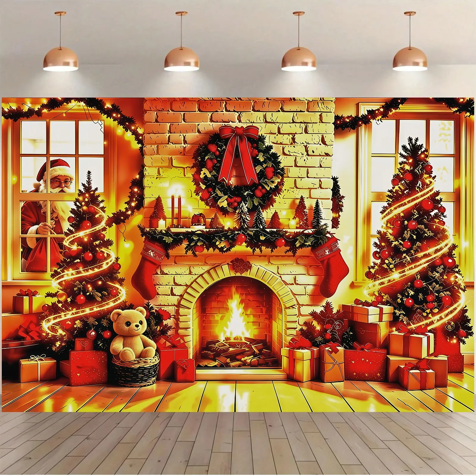 2D Flat 1pc Christmas Fireplace Santa Photography Backdrop, Holiday Decor for Home Party, New Year Celebration, Winter Photo Booth Background