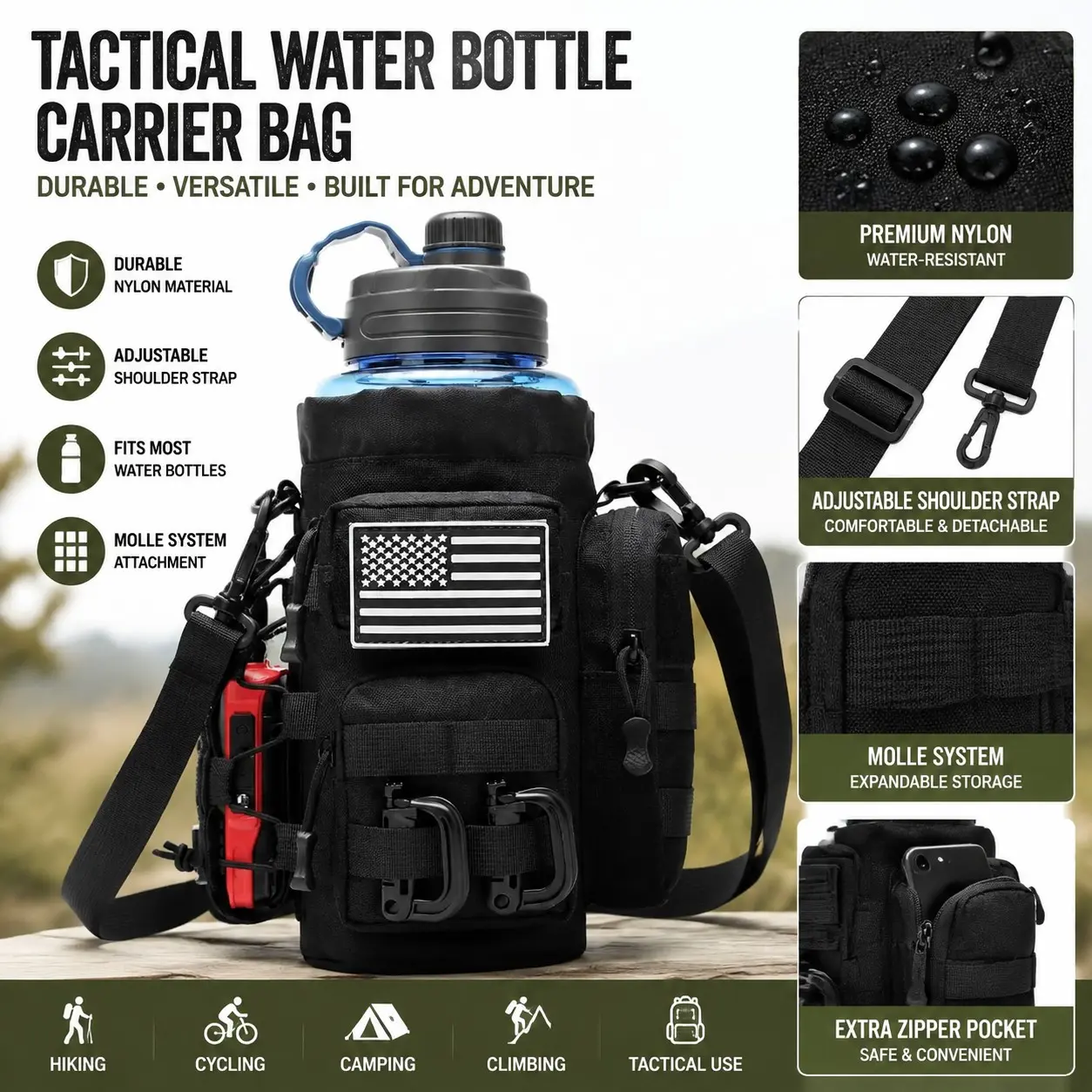 Tactical water bottle backpack, nylon material with adjustable shoulder straps, multi-functional travel water bottle bag, heat-insulating and wear-resistant water bottle case, Drink Holders