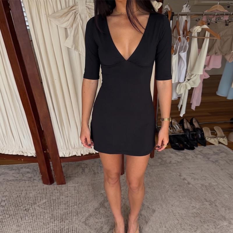 Women's Solid Color Sexy Deep V Neck Half Sleeves Bodycon Dress, Basic Plain Ruched Slim Fit A-line Mini Dress, Party Club Date Holiday Daily Casual Elegant Short Dresses For Ladies All Seasons Summer Fashion Chic Clothes Wear, Dresses with Sleeves