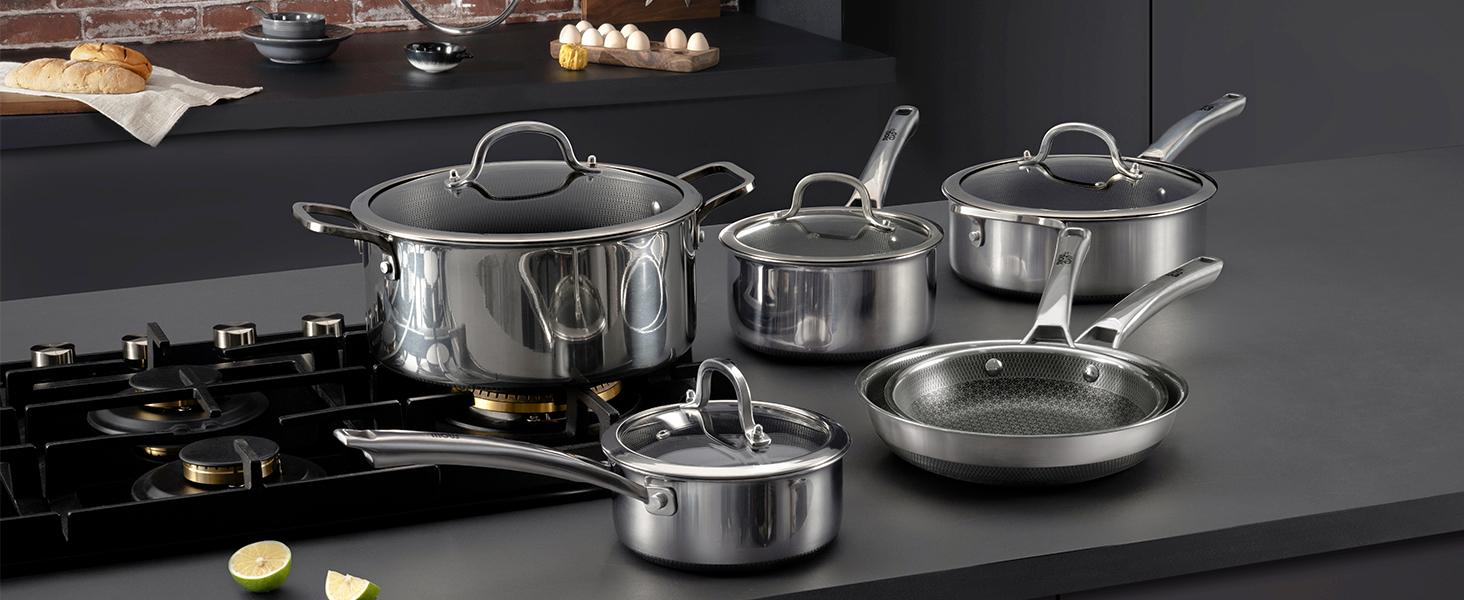 Summervibes SNOWCLAD 10-Pcs / 14-Pcs Hybrid Cookware Set – Nonstick Stainless Steel Pots and Pans Set, Induction Ready Frying Pans, Saucepans, Saute Pan & Stock Pot, PFOA Free Summervibes SNOWCLAD 10-Pcs / 14-Pcs Hybrid Cookware Set – Nonstick Stainless Steel Pots and Pans Set, Induction Ready Frying Pans, Saucepans, Saute Pan & Stock Pot, PFOA Free