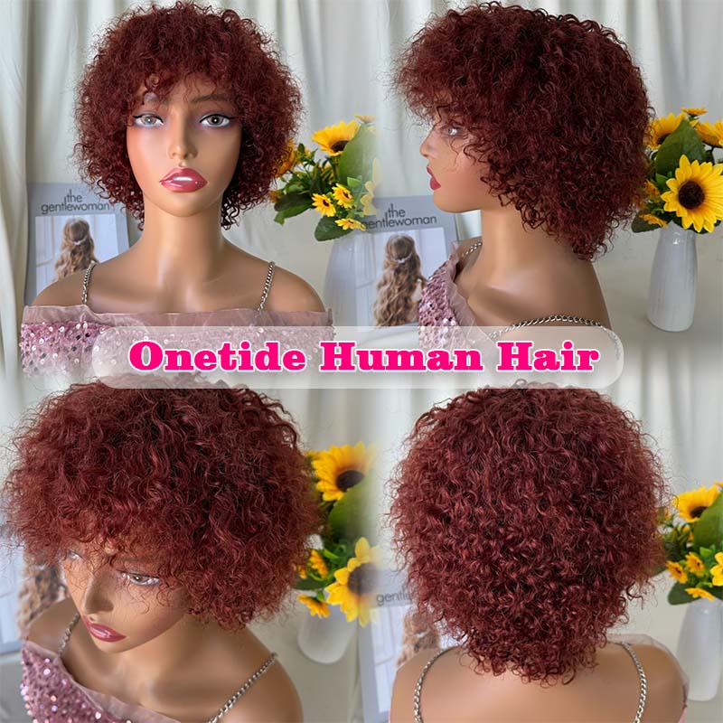 Glueless Wigs Short Curly Bob Wig with Bangs Wear To Go Short Curly Human Hair Wig for Women 180 Density Brazilian Virgin Human Hair Glueless No Lace Machine Made Wigs