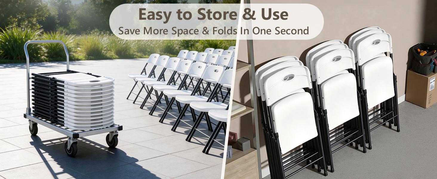 Heavy-Duty Plastic Folding Chair, Ergonomic Back, Outdoor White Folding Chairs for Outside Indoor, Portable 350 lbs Capacity Heavy Duty Plastic Metal Foldable Chairs, Stackable & Portable, for Home, Party, Indoor & Outdoor Use