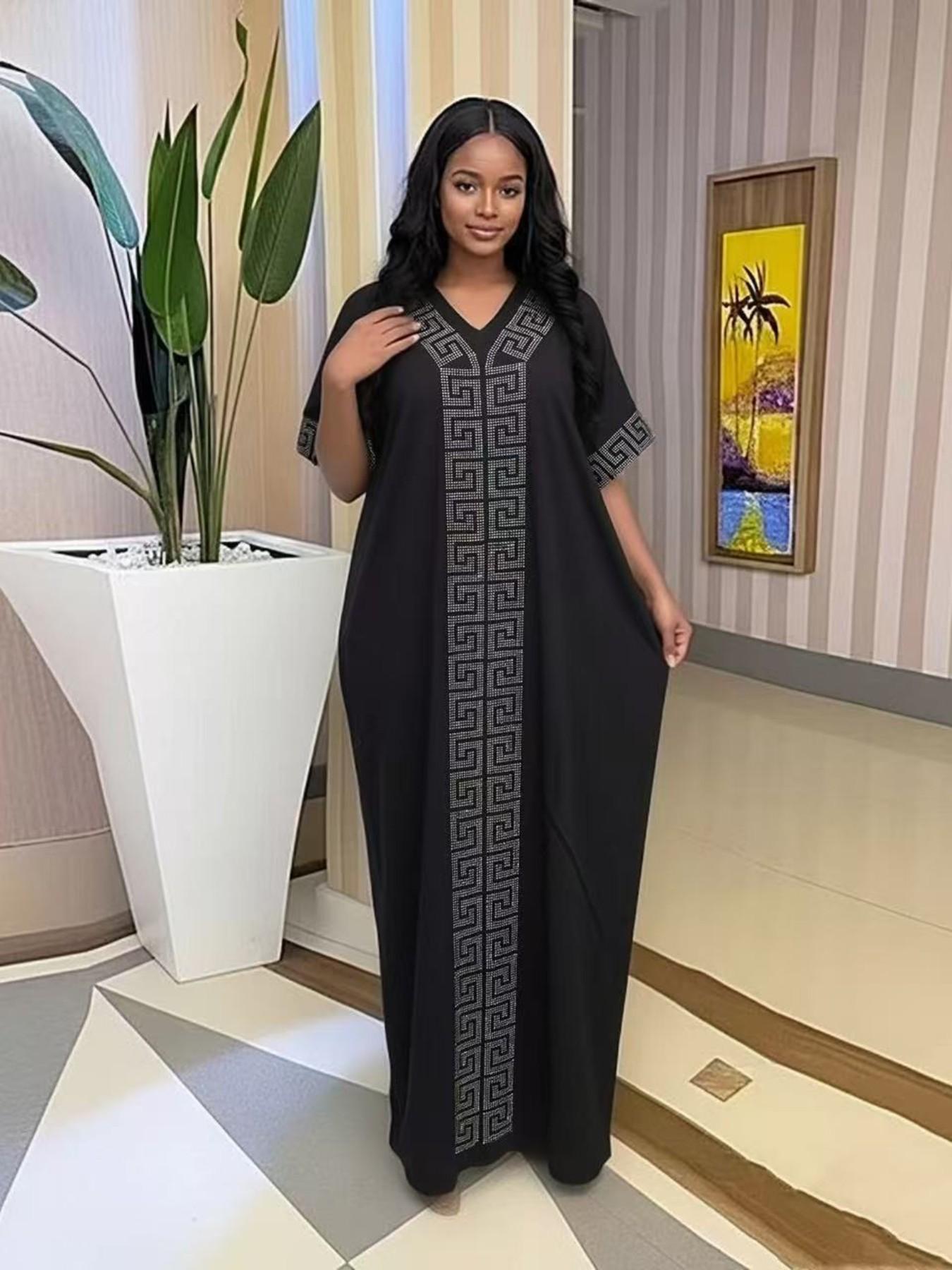 2026 African Nigerian Style Women's Islamic Clothing Rhinestone Loose Boubou Kaftan Dress, Elegant Solid Color, Muslim Ethnic Robe with Matching Scarf & Pockets, Daily Party Wear