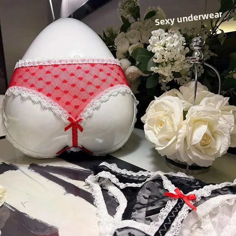 Women’s Breathable Soft Mesh Lace Brief Panties - Low Rise, Cute Heart Print, Bow Detail, Short Length Feminine Lingerie for Daily Wear, One Size