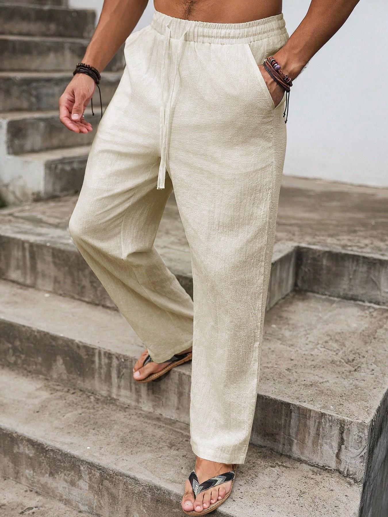 Men's Casual Loose Baggy Lightweight Linen Pants Solid Color Loose Fit Elastic Drawstring Waist Straight Legs Bottoms Summer Breathable and Soft Yoga Beach Long Pants with Pockets Wedding Partise Vacation Daily Going Out Dating Club Lounge Wear