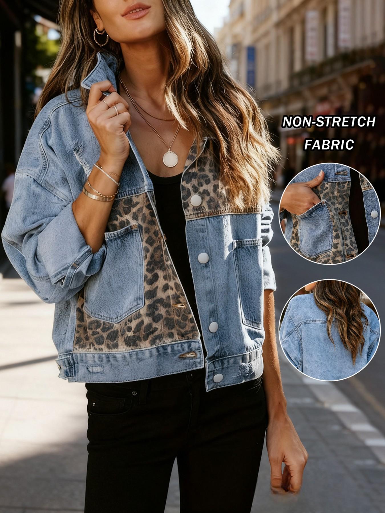 Women's Denim Jacket with Leopard Patch, Long Sleeve Button Fly Coat, Fitted Lapel Outerwear for Casual Style, Back to School Shopping