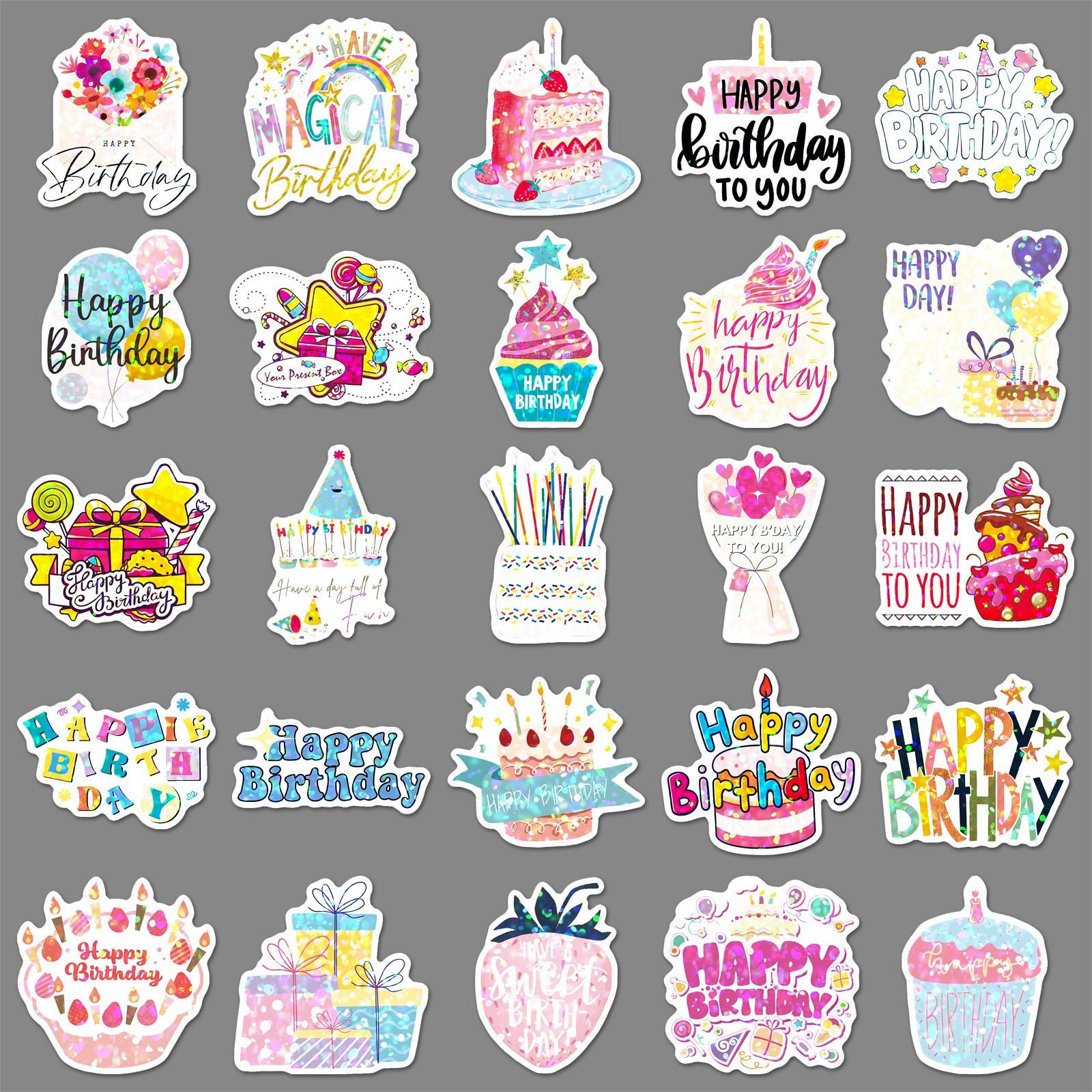 50pcs Happy Birthday Stickers, Colorful Party Waterproof Vinyl Decals, Cute Birthday Cake Balloon Stickers, Birthday Gift Pack for Teens Adults