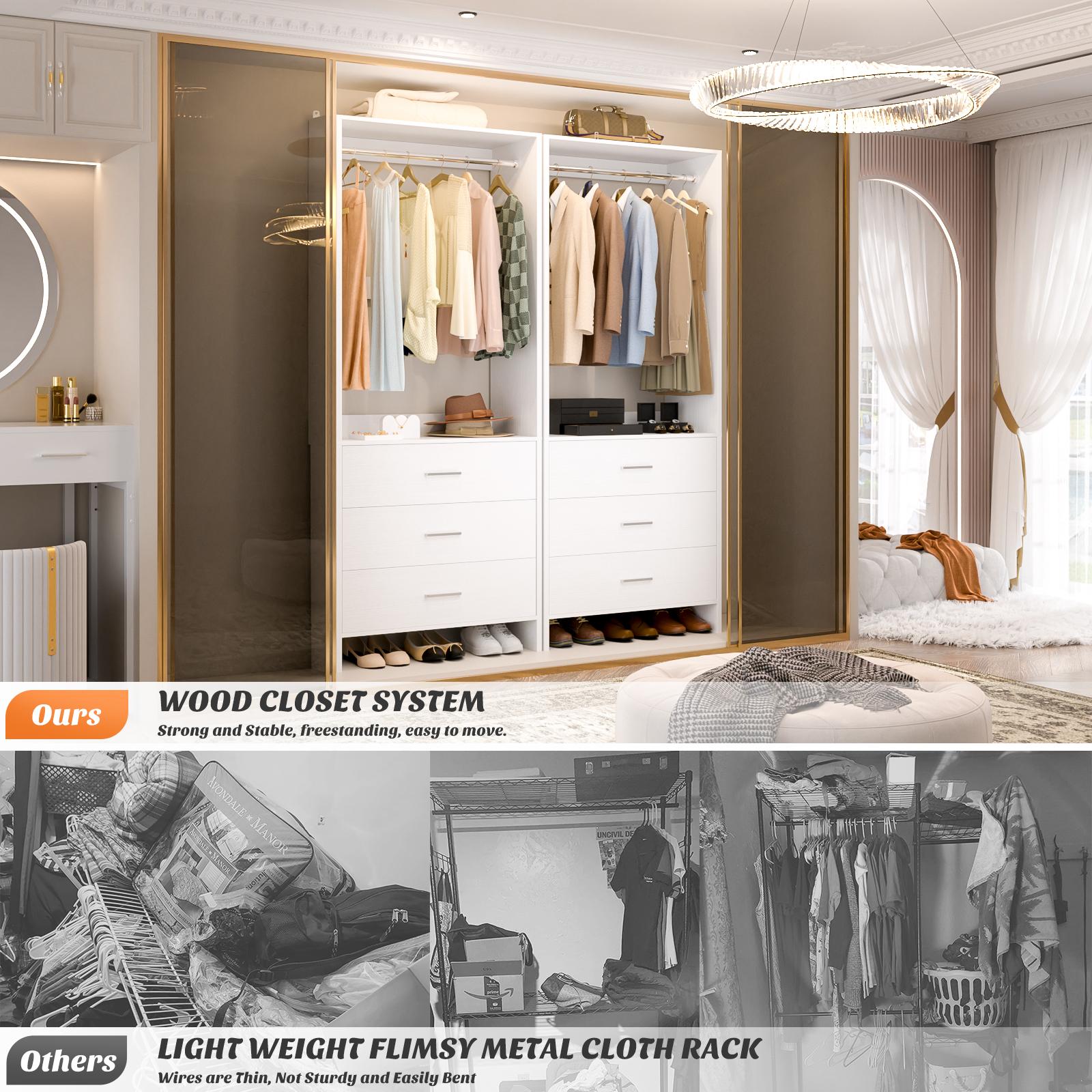 Freestanding 2FT Closet System with 3 Drawers, 24’’ Closet Organizer, Wood Closet Organizer System, Walk-in Closet or Small Closets Wardrobe, Clothes Rack with Hanging Rods