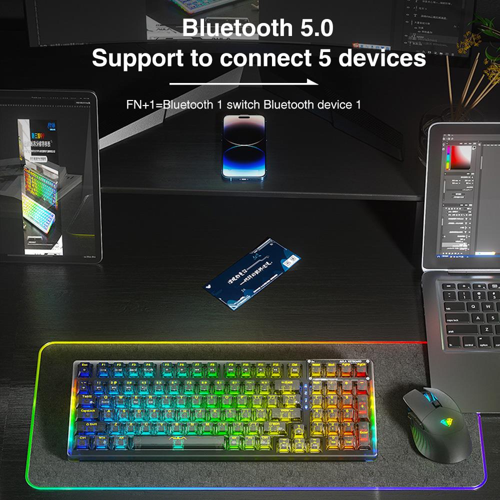 AULA F98 wireless mechanical  keyboard with transparent keycaps, 99-key Mechanical Switch Tri-mode Connection, RGB Rainbow Backlit, Suitable for Gaming and 0ffice, Gasket Gaming Keyboards Creamy Keyboard  Computer Accessory FallFreshness