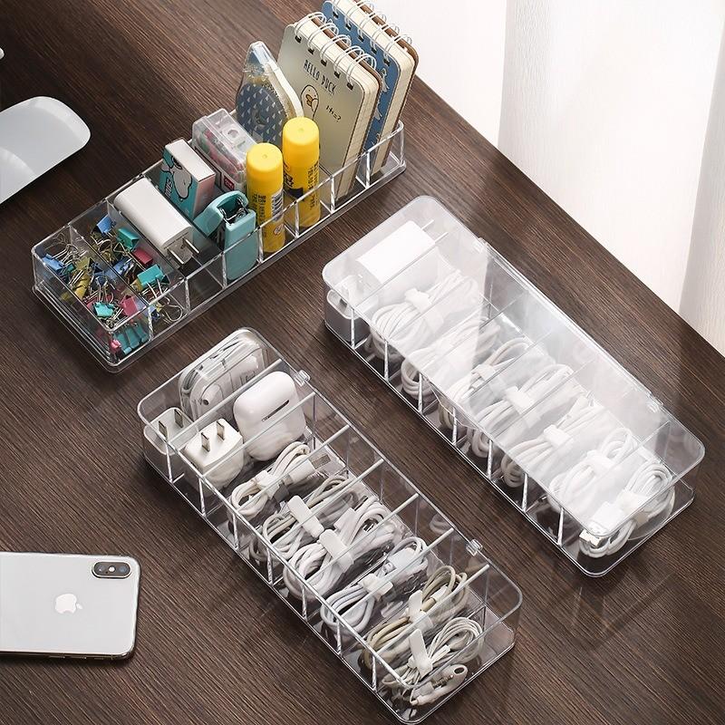 Transparent Plastic Storage Box, 1 PC Data Line Organizer, Divided Compartments, Ideal for Cables & Stationery, Durable Storage Organizer, Enhances Desktop Organization
