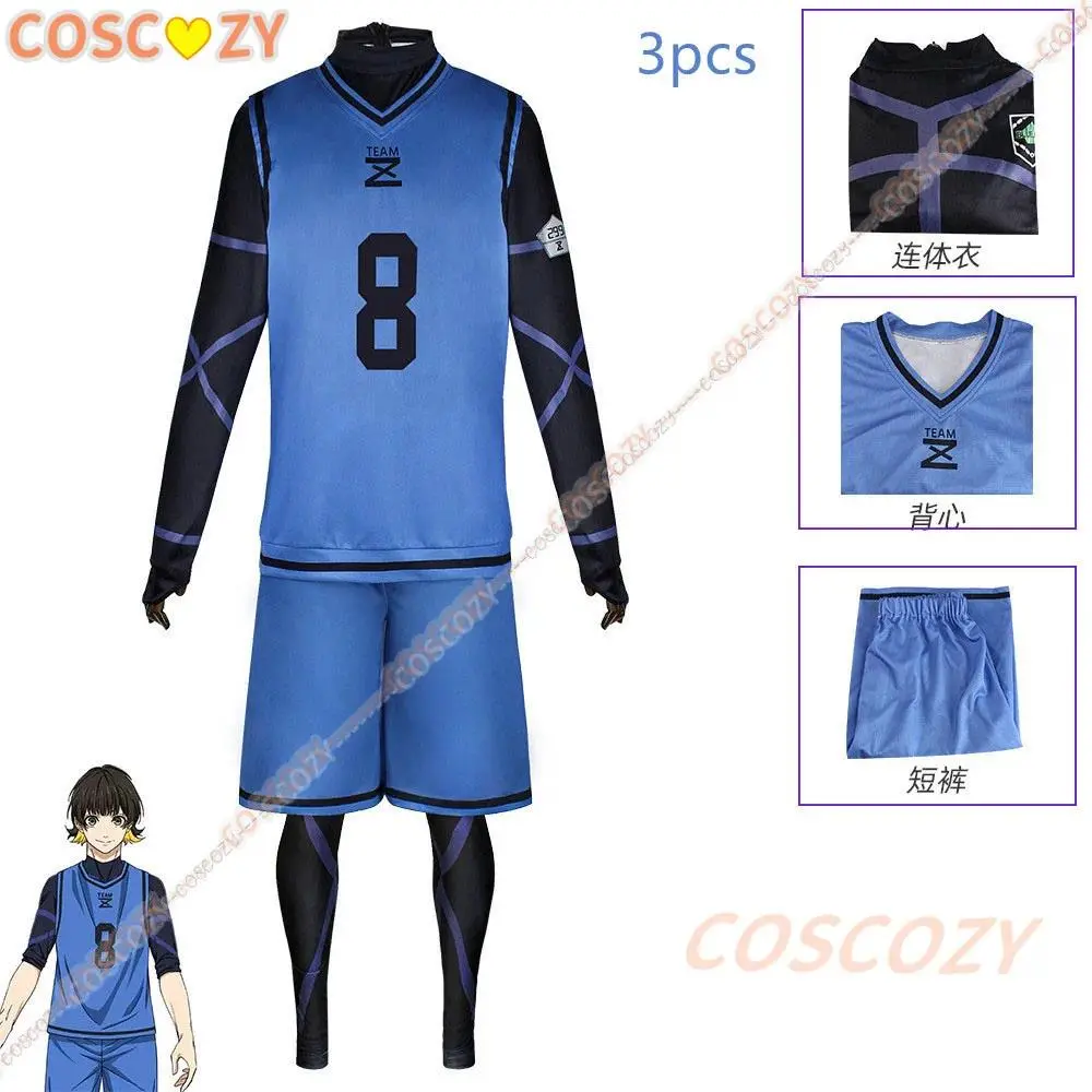 Anime Blue Lock Bachira Meguru Cosplay Football Jersey, Blue Sportswear Uniform Bodysuit, Clothes for Halloween Christmas Parties