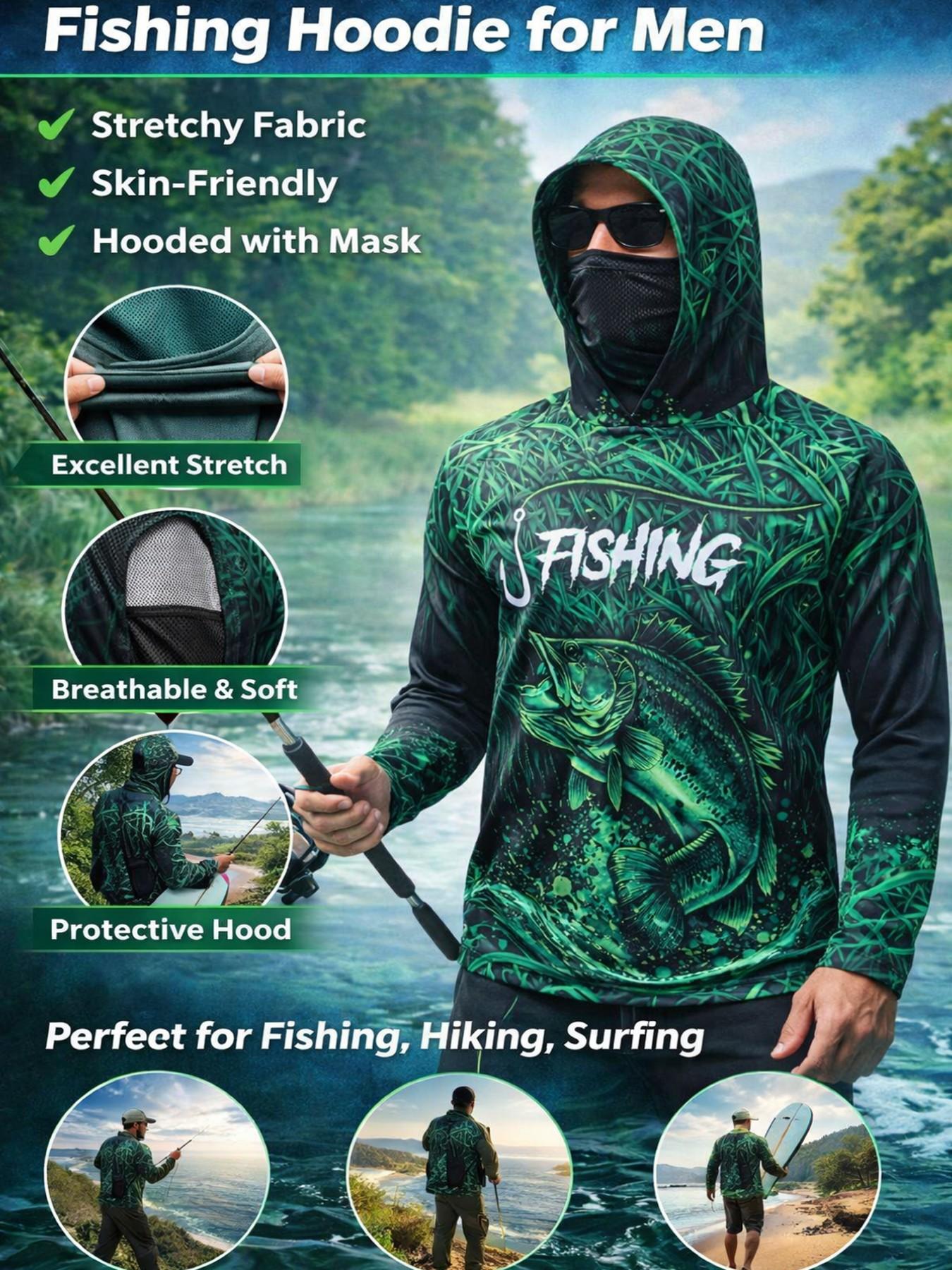 Men's Long Sleeve Hooded Fishing Shirt with Face Mask, Gradient Color Outdoor Fishing Clothing, Sun Protection Fisherman Men's Long Sleeve Hooded Fishing Shirt with Face Mask, Gradient Color Outdoor Fishing Clothing, Sun Protection Fisherman