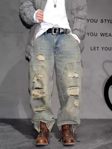 Men's Loose Fit Ripped Jeans, Vintage Washed High-Waisted Straight Leg Pants, Casual Streetwear Fashion, All Seasons