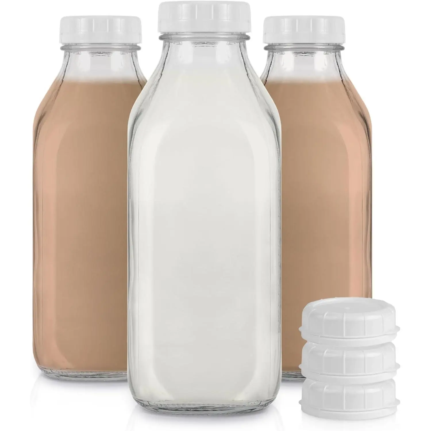 Liter Glass Milk Bottle with Lid (3 Pack) 32 Oz Jugs and 6 White Caps,   Grade Milk Container for Refrigerator, Bottles for Juice, Oat or  Milks, Water, Honey