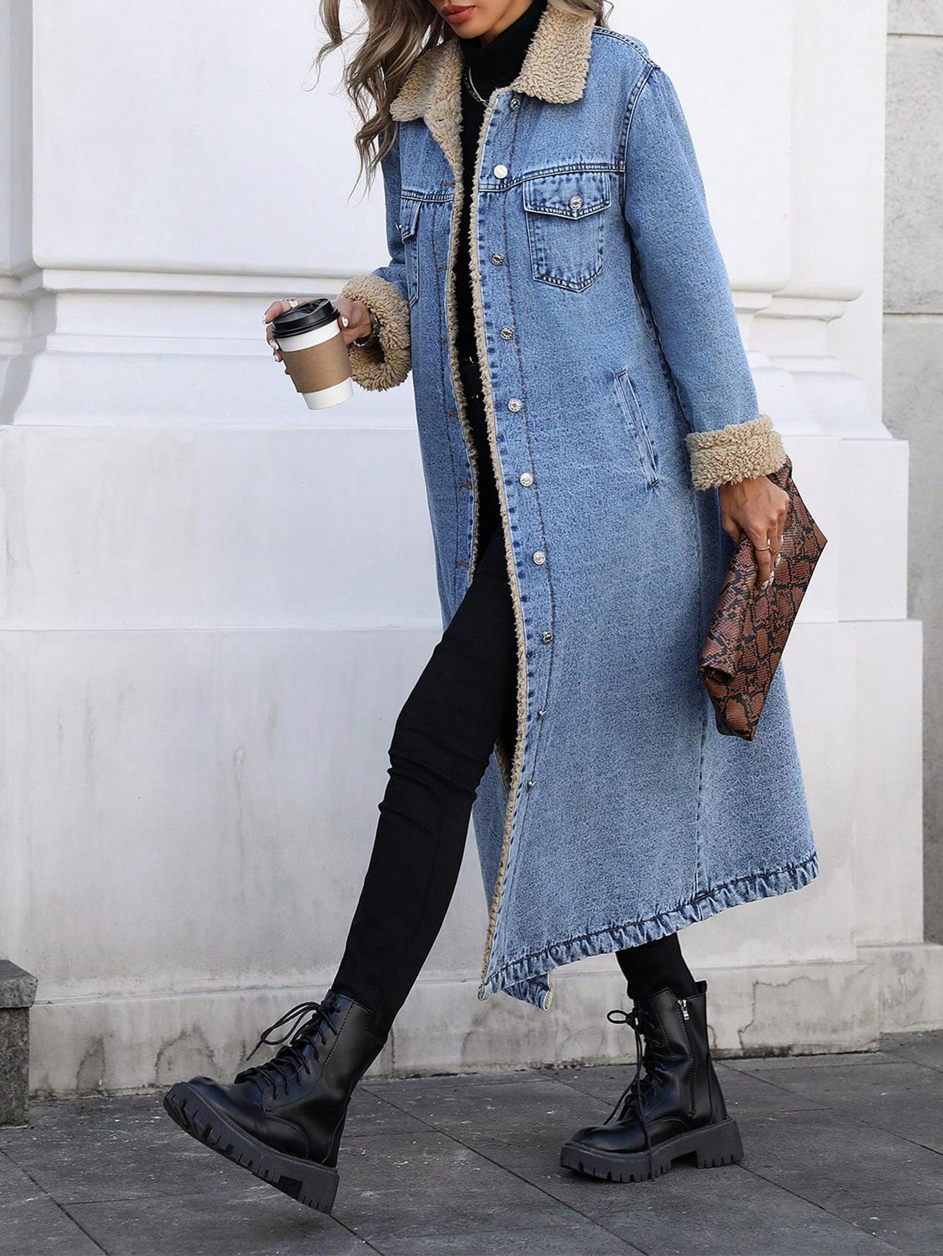 Women's Long Fleece-Lined Denim Jacket, Elegant Single-Breasted Design, Perfect For Winter, Casual
