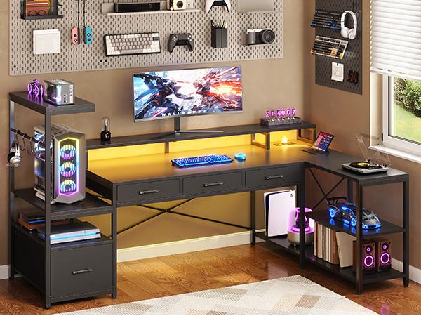 SEDETA 59Inch L Shaped Gaming Desk with PC Display Stand, Reversible Computer Desk with Storage Shelves, 4 Drawer & LED Lights, Modern Gamer Desk Table with Power Outlet, Monitor Stand