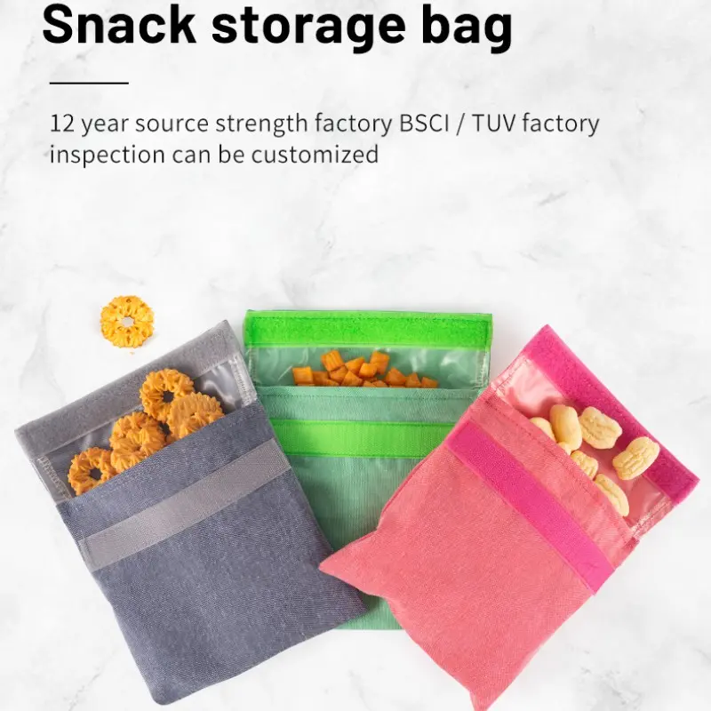 Reusable Tpu Snack Bag with Velcro, Washable Eco-Friendly Lunch Bag, Food Storage Bag for Students, Fruit Freshness Bag, Portable Divider Bag, Reusable Lunch Bags