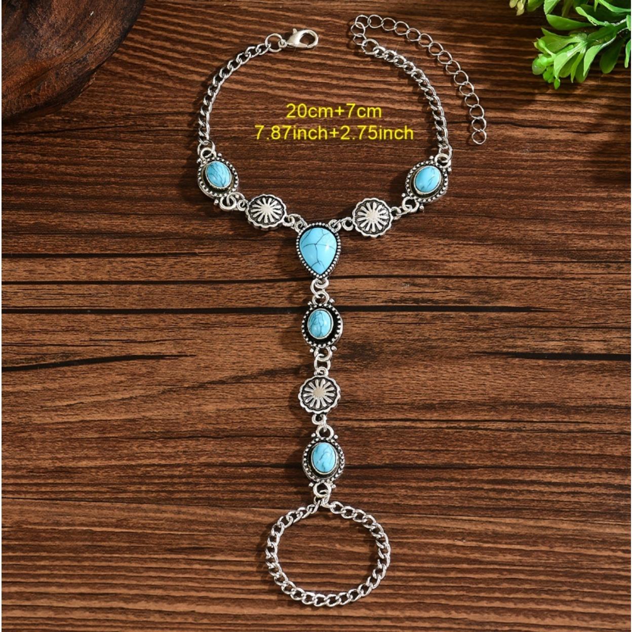 Women’s Ethnic Alloy Cuff Bracelet, Vintage Boho Statement Jewelry With Oval Faux Turquoise And Water‑Drop Charms, Stylish Arm‑Candy Accessory For Festivals, Beach And Daily Boho‑Inspired Outfits