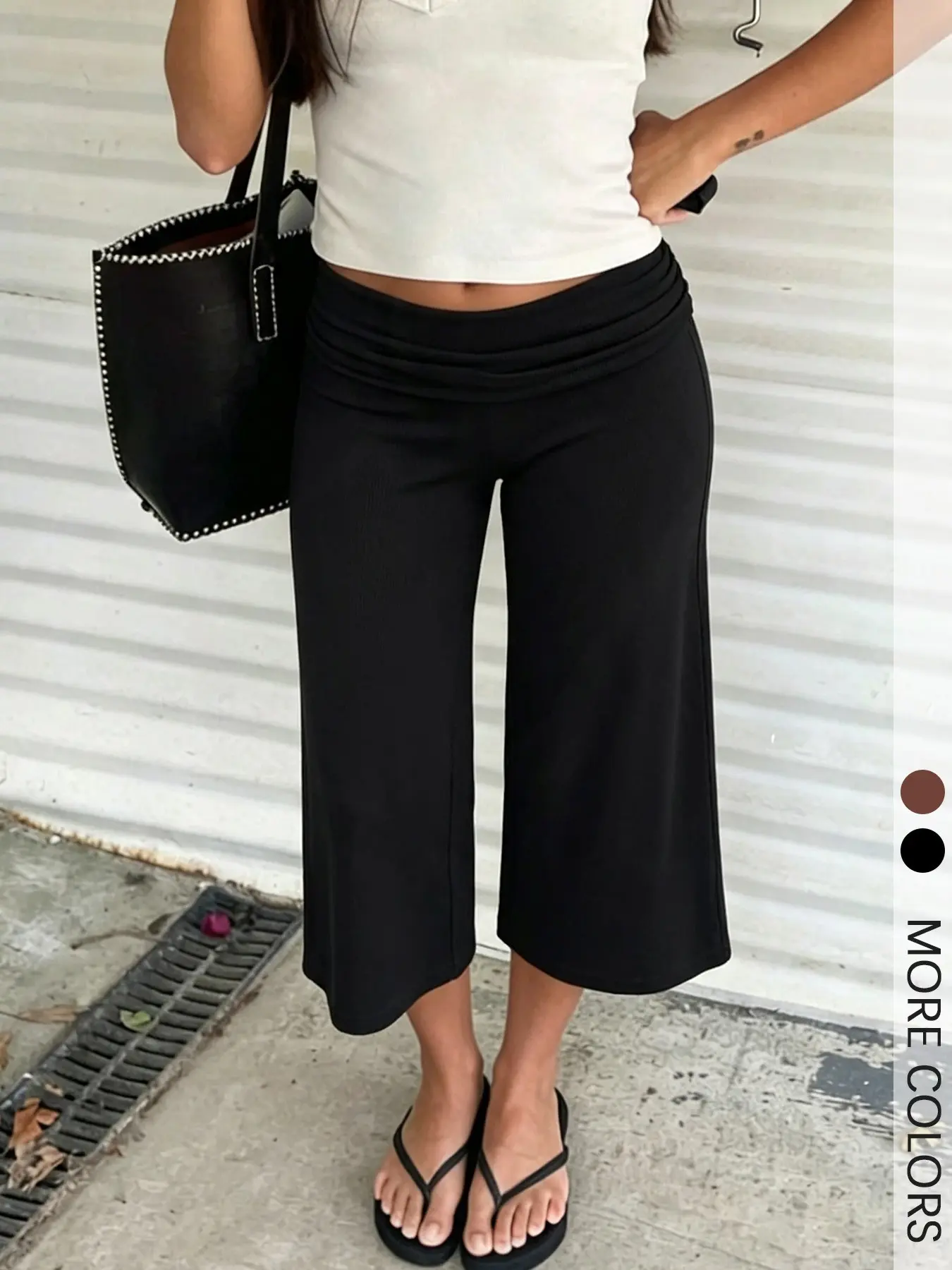 Women's Fold Over Waist Capri Pants, Stretch Knit Trousers, Y2K Bottoms For Summer Daily and Causal Outfit