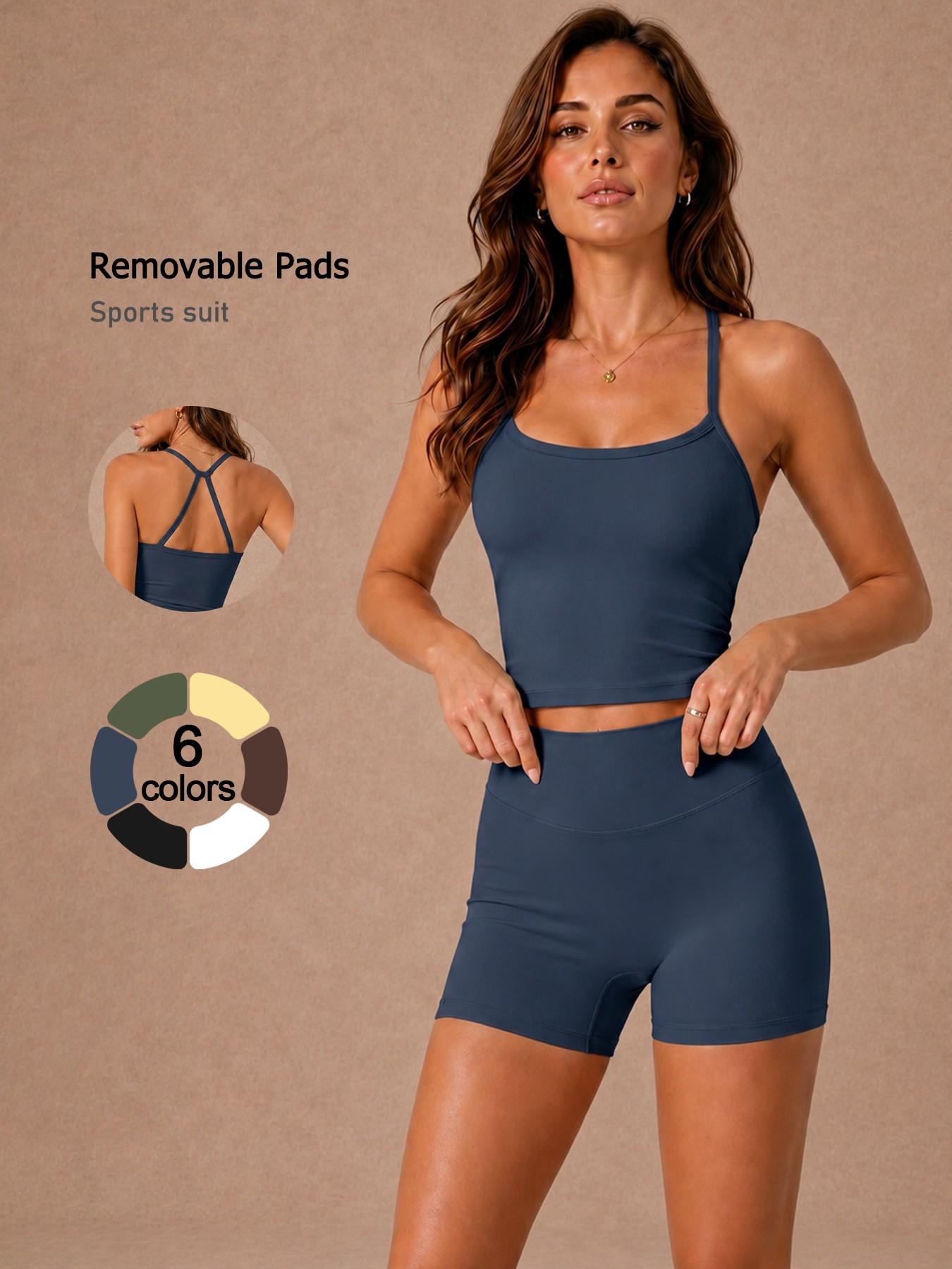Women's 2 Piece Sports Set Solid Color Spaghetti Strap Cami Top Shorts Removable Padded Buttery Soft Breathable High Elastic Butt Lifting Tummy Control Open Back Pilates Yoga Set Gym Cool Comfortable Running Cycling Women's Fitness Set