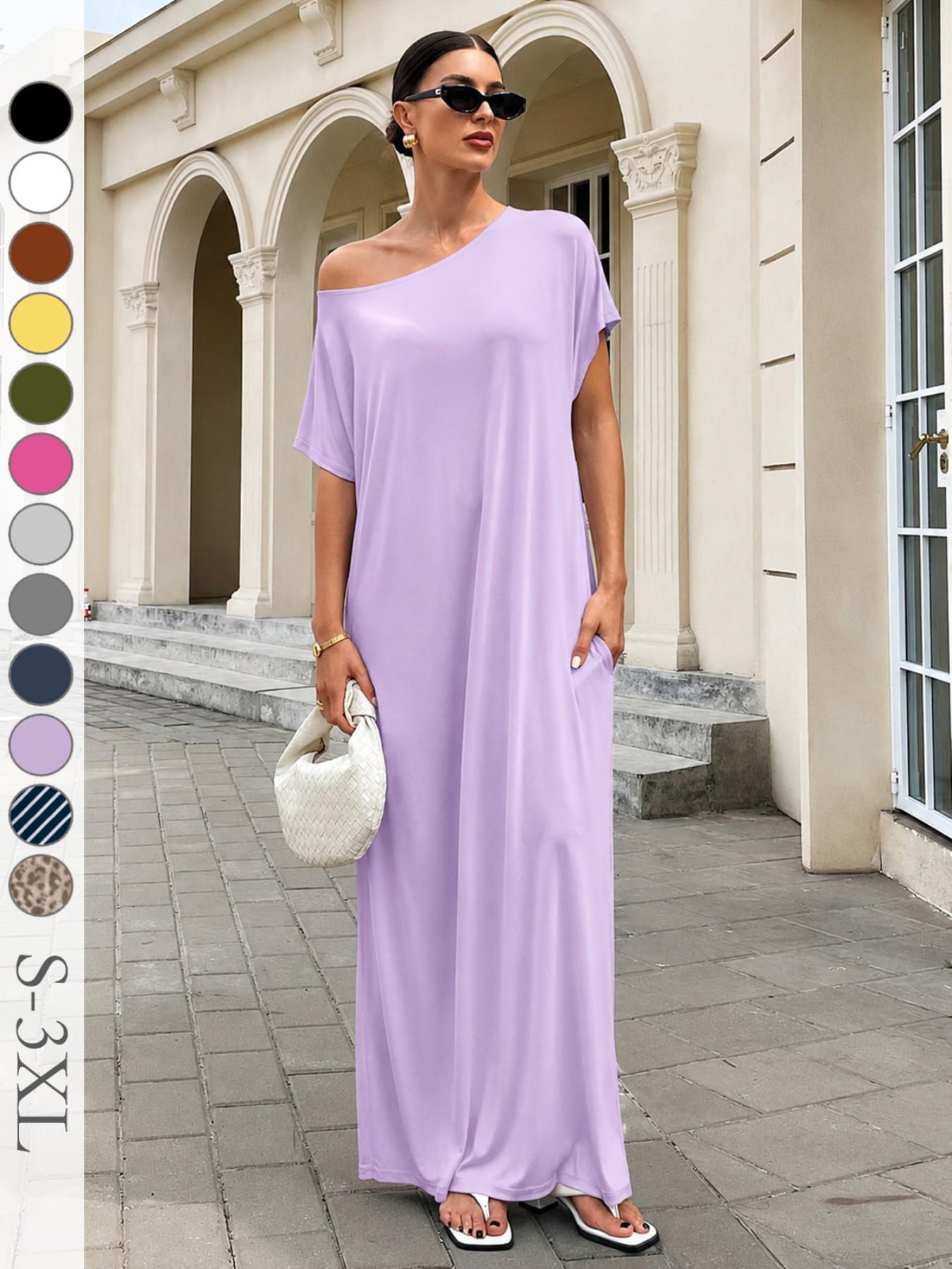 Women's Casual Boho Chic Loose Long T-Shirt Dress, Striped Short Sleeve One-Shoulder Sleepwear with Pockets, Comfortable Fit for Daily, Beach and Vacation Wear Boho Fashion