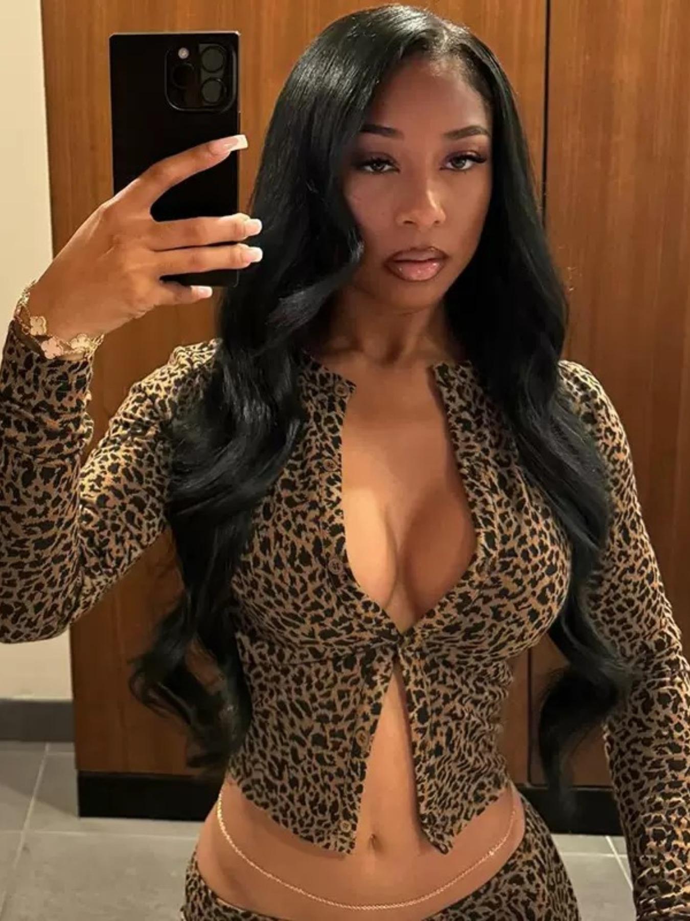 Women's Sexy Leopard Print Cardigan Set, Button Front Long Sleeve Crop Top & Elastic Waist Pants, Autumn Winter Fashion