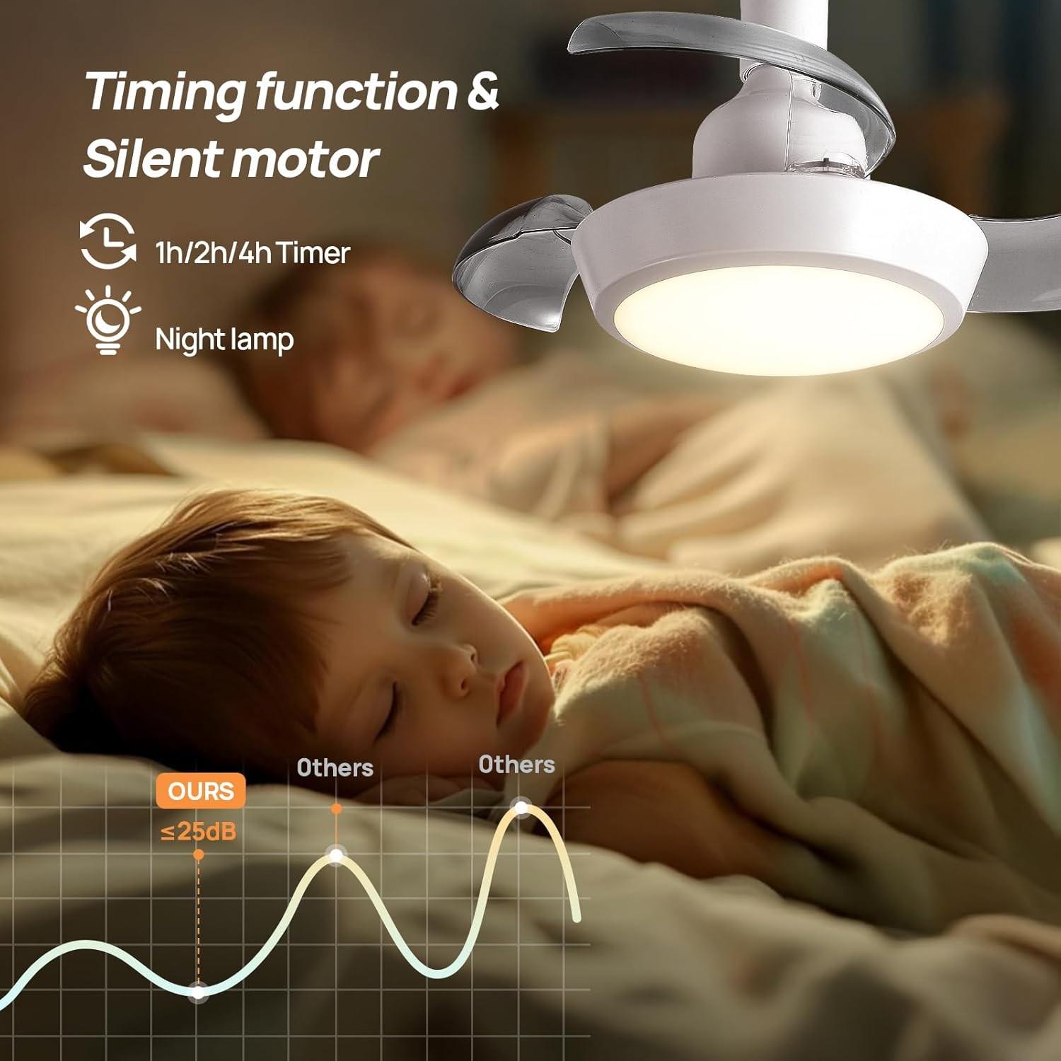 Socket Fan Light with Remote Control, E27 Socket Retractable Ceiling Fan Light, Ultra-Quiet Dc Motor, Dimmable LED, Flush MounSocket Fan Light E27 Fan Light Retractable Ceiling Fan Light Invisible Blades Ultra Quiet DC Motor Dimmable LED Flush Mountt