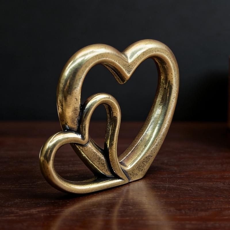Vintage Brass Heart Fusion Ornament, European Aged Texture Heart Desktop Decor, Valentine's Day Wedding Anniversary Gift