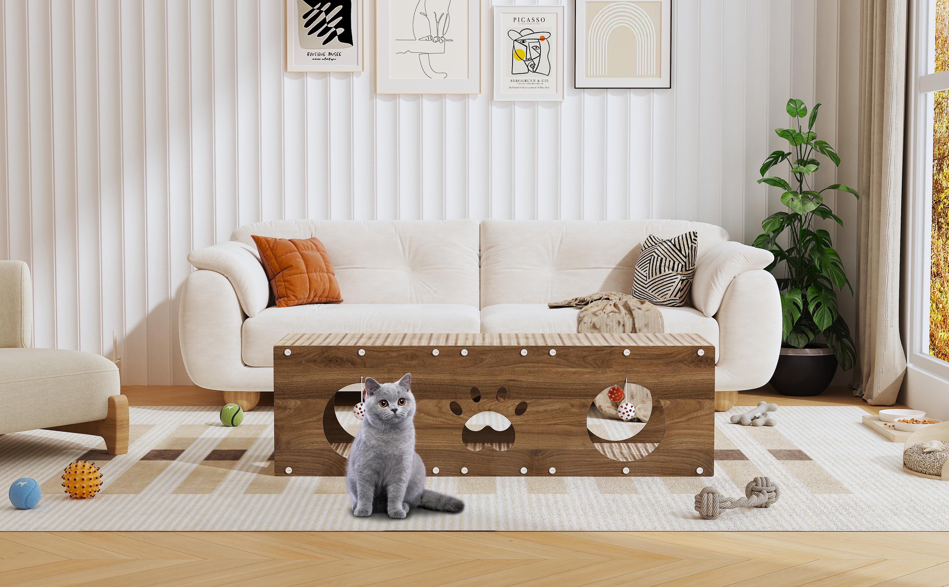 IRONCK Large Wooden Cat House & Scratcher with Ball Toy | 2-in-1 Pet Furniture for Indoor Cats, Durable Cat Bed & Playhouse