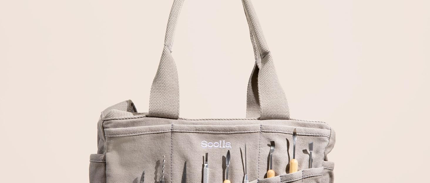 Bag: Pottery Tool Bag, Art Supply Storage Organizer, Craft Tote, Knitting Yarn, Crochet Projects, 30 Pockets, 25+ Canvas Colors, Artist Gift (Blue Skies)