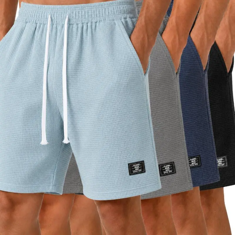 Men's 1/4 Pack Relaxed Fit Waffle Knit Shorts, Mid-Length Casual Lounge Bottoms with Elastic Drawstring Waist and Practical Side Pockets, Lightweight Breathable Shorts for Everyday Wear, Home, Vacation, Walking and Outdoor Use