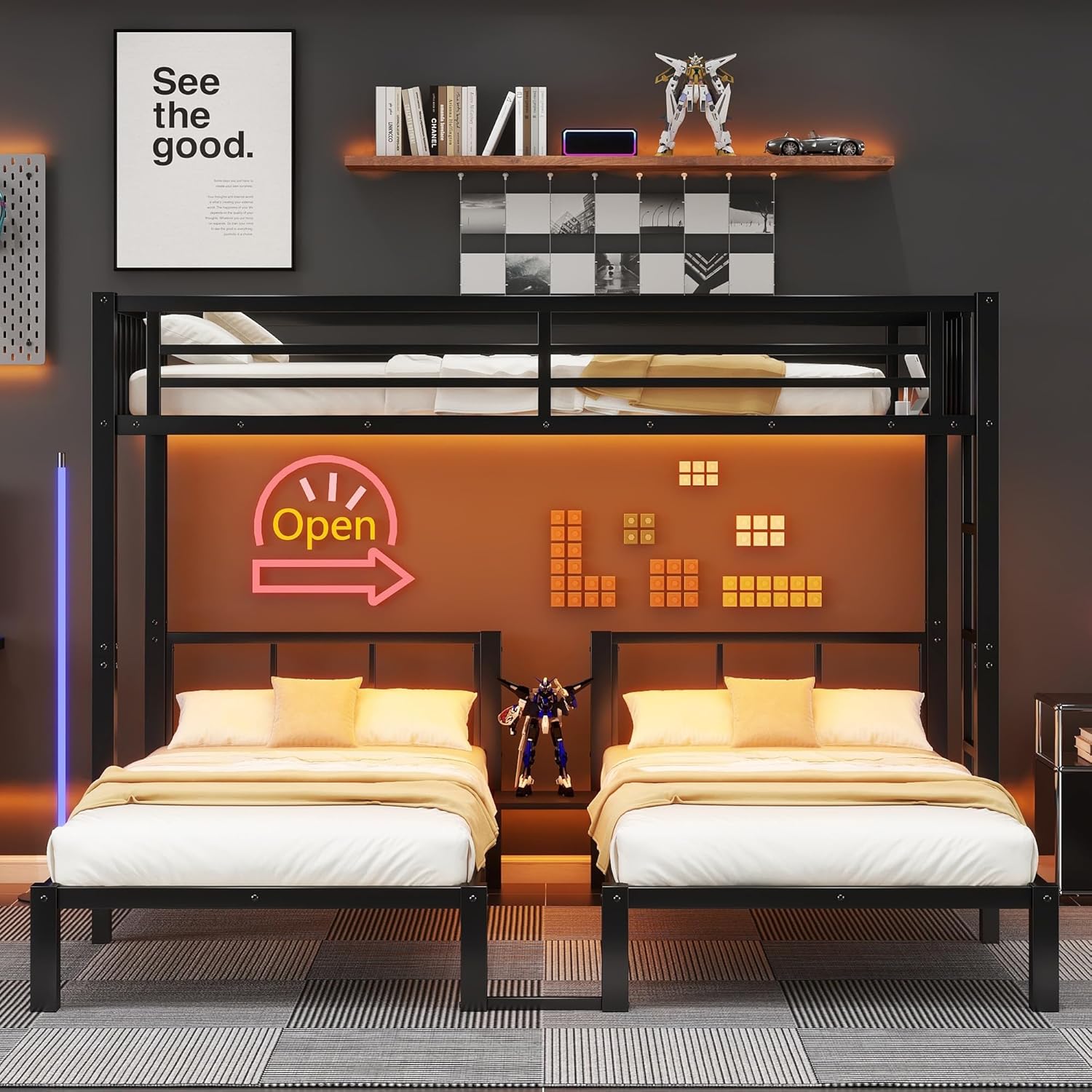 Metal Triple Bunk Bed Twin over Twin & Twin Bunk Beds for 3, Twin XL over Twin & Twin Bunk Bed Heavy-Duty Metal Triple Bunk Bed Frame, Noise Free,Can be converted into 3 separate beds