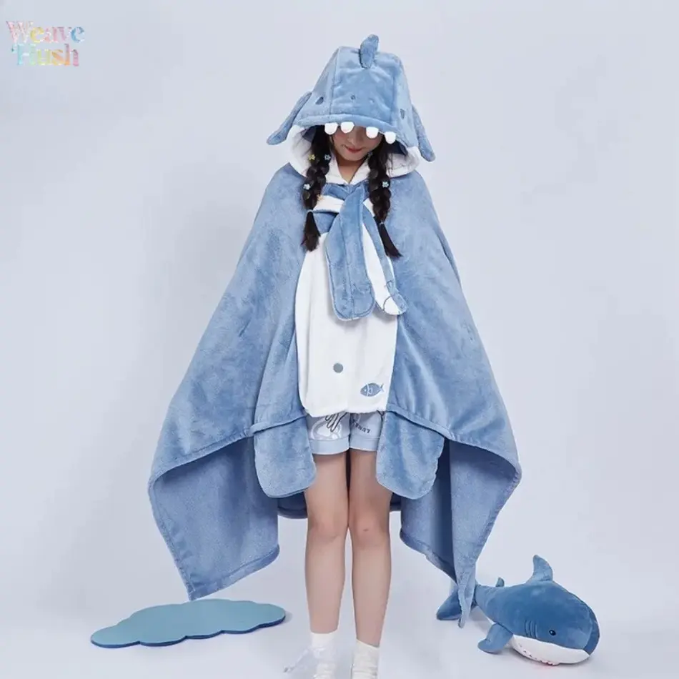 Kawaii Shark Hooded Wearable Blanket Cape, Fluffy Coral Fleece Air Conditioning Shawl, Cartoon Animal Nap Cloak, Soft Warm Lazy Home Robe, Portable Office Throw Blanket, Cute Plush Loungewear for Indoor Relaxation, Perfect Comfort Gift for Girls