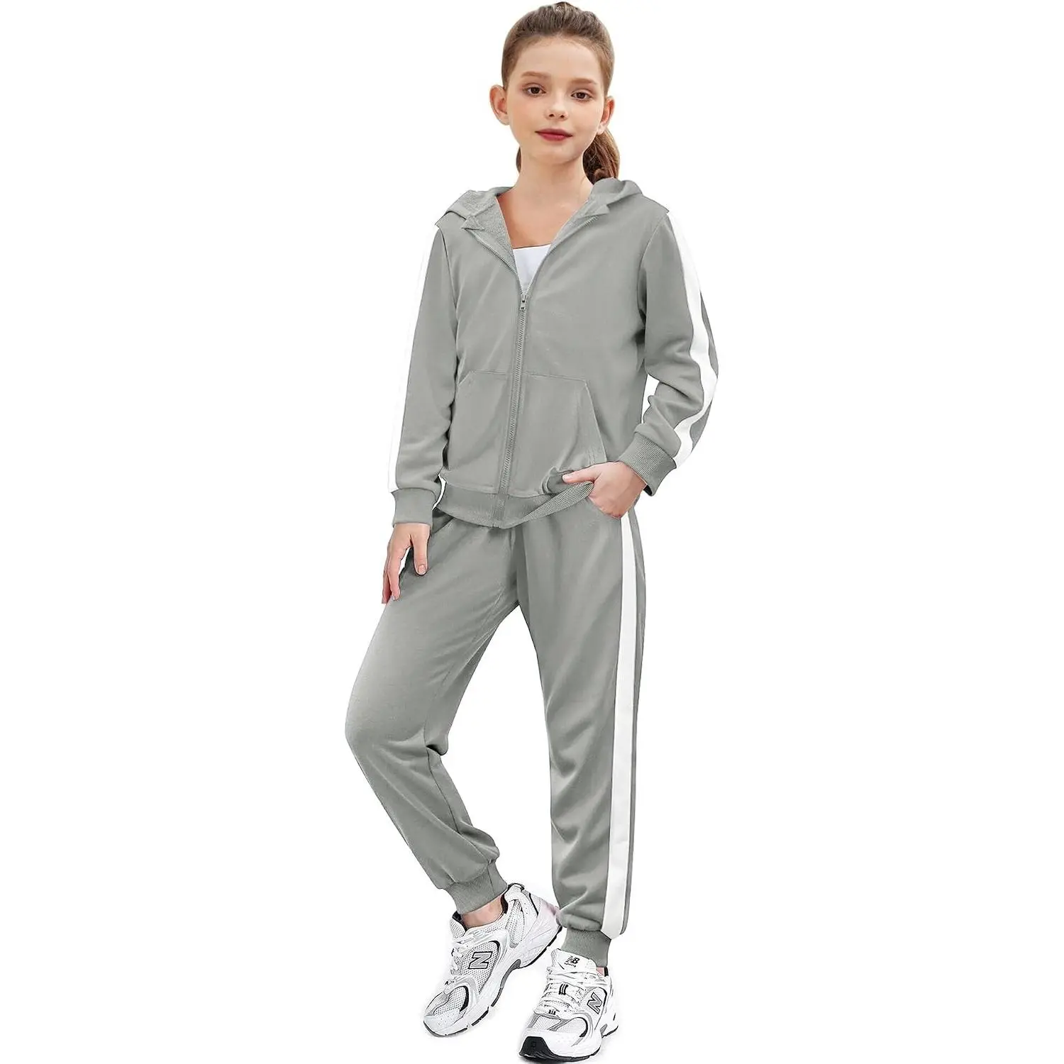 Girls 2 Piece Outfits Zip Up Hoodie Tracksuit Sweatsuits Sets | Sweatshirt and Sweatpant with Pockets,White Stripe Side Design,Ribbed Cuffs,Athletic Jogger Sets,Fall Winter Clothes