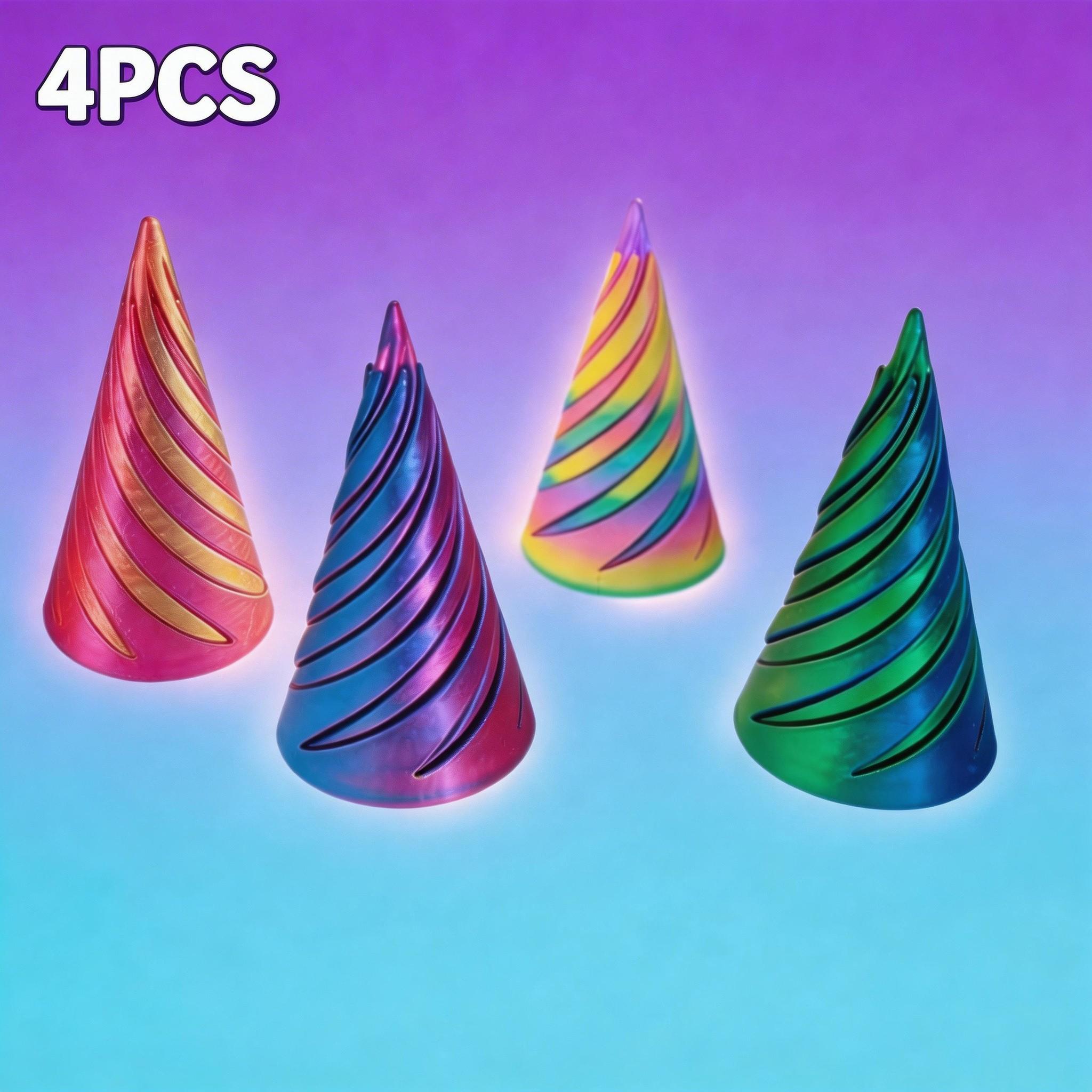 4pcs 6.6cm 3D Printed Stress Relief Cones, Trendy Colorful Rotating Toy, Adult Stress Reliever, Kids Educational Creative Toy, Office Desk Stress Relief Item