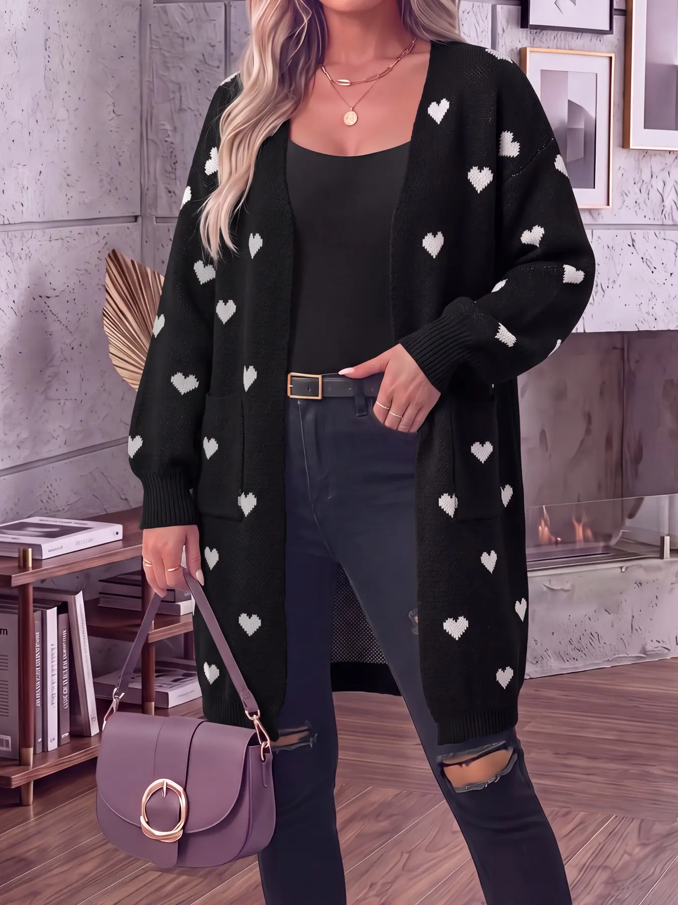Women's Heart Jacquard Long Knit Cardigan, Open Front Long Sleeve Loose Oversized Sweater Coat, Contrast Cuff Hem Pocket Cute Casual Outerwear, Soft Warm Daily Layering Knitwear