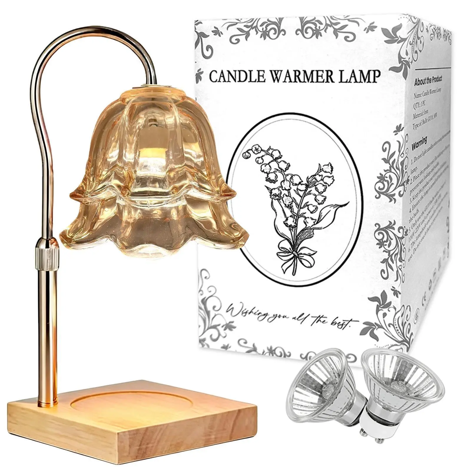 Black Pole Candle Warmer Lamp Adjustable Height Dimmable Multi Timer Flameless Smokeless Electric Table Home Decor Gift for Mom Christmas Wood Base Wax Melter Two Glass Shades
