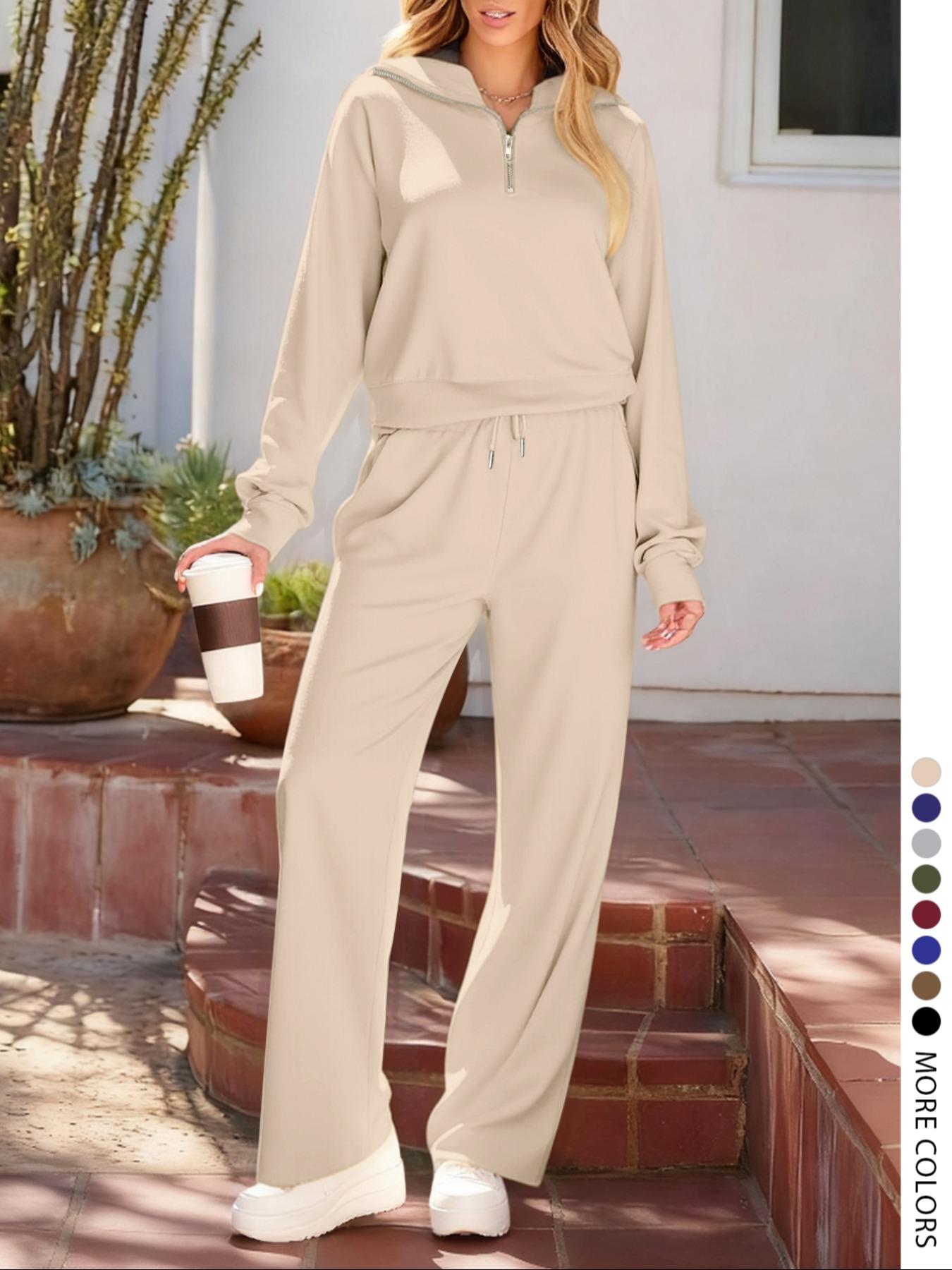 Pure Color Half-Zip Shoulder Pad Sporty Top Long Pants Set, Casual Loose-Fitting Short Upper Long Lower, Perfect for Spring Summer, Sporty Style Clothes, Athleisure Wear Set, Sweatsuit Set