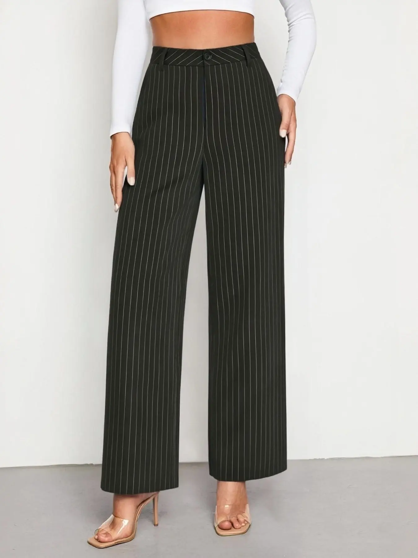 Plus Size Women's Long Pants, Fine Striped Wide Leg Suit Pants, High Waist Straight Leg, Business Casual Fashion Wear